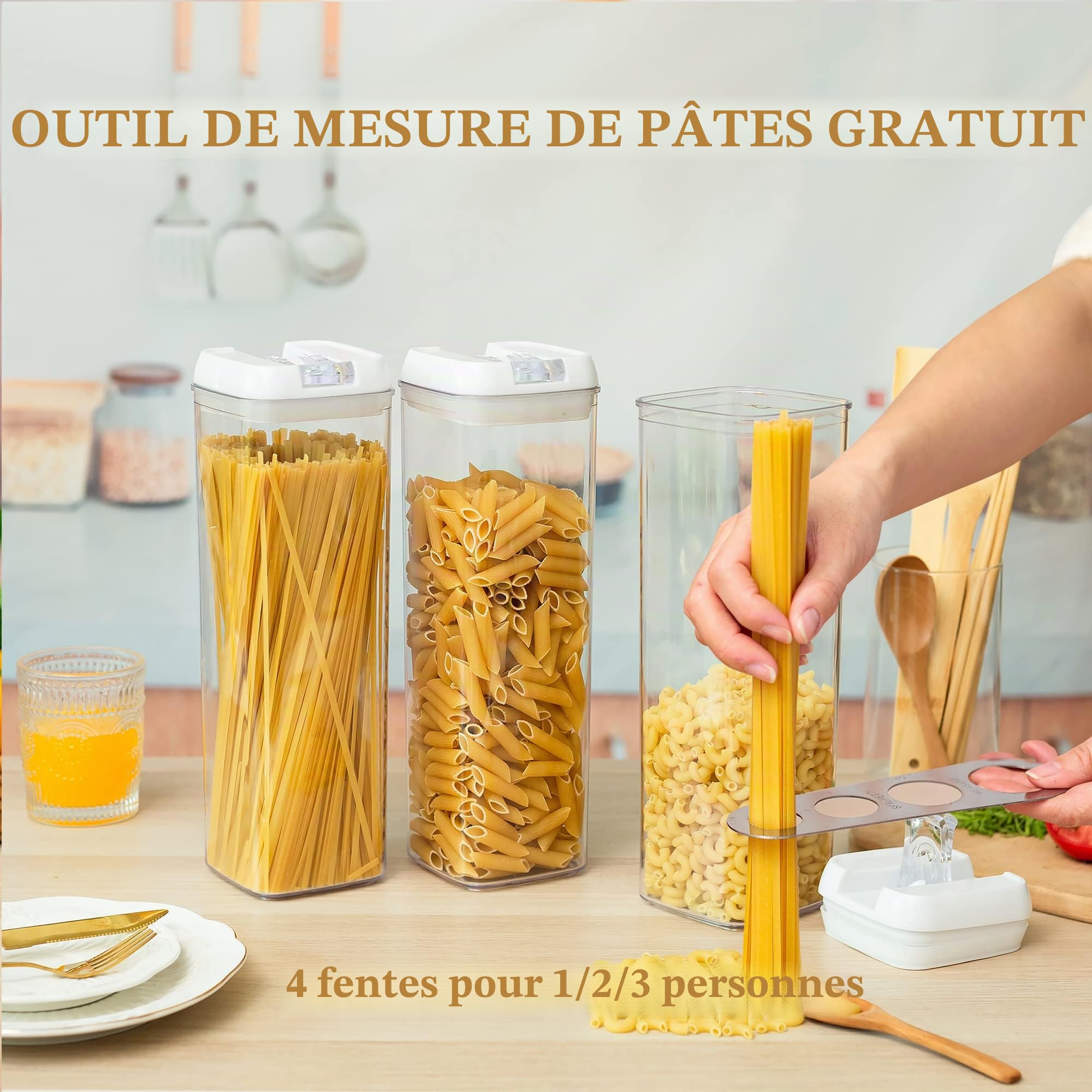 Hanobe Stockage De PâTes En Plastique, Bocal à Spaghetti HerméTique, RéCipients à PâTes Avec Couvercles, Ensemble De 3 RéCipients De Stockage D'Aliments Durables Et Empilables Pour Garde Manger Frigo