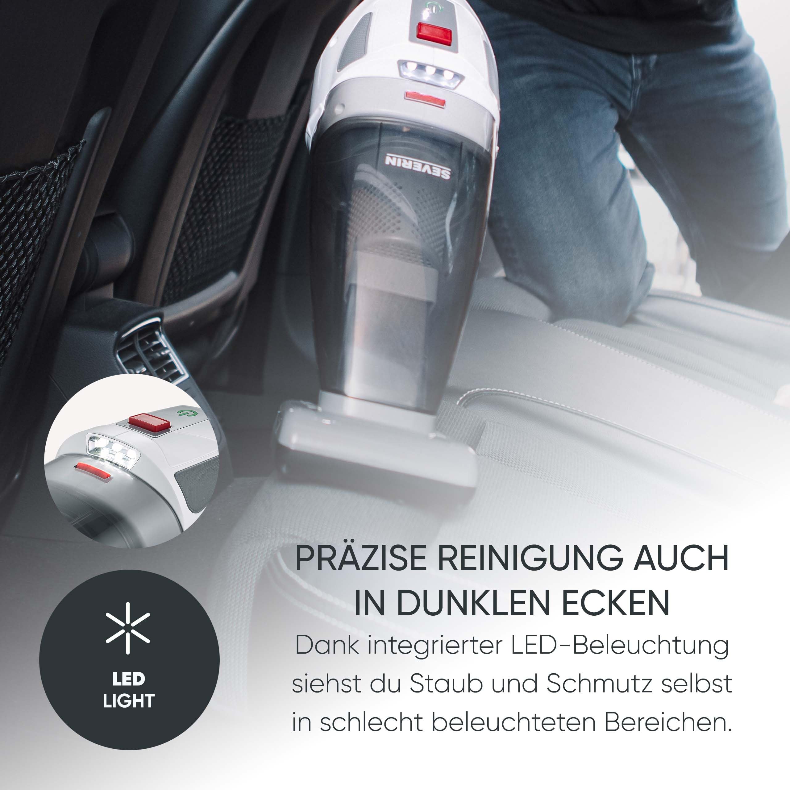 Severin 4-in-1 Akku-Handstaubsauger, kabelloser Nass- & Trockensauger für Autositze, Handsauger für Tierhaare & Flüssigkeiten, bis zu 30 Min Laufzeit im Eco-Mode, weiß-graurot, HV 7146