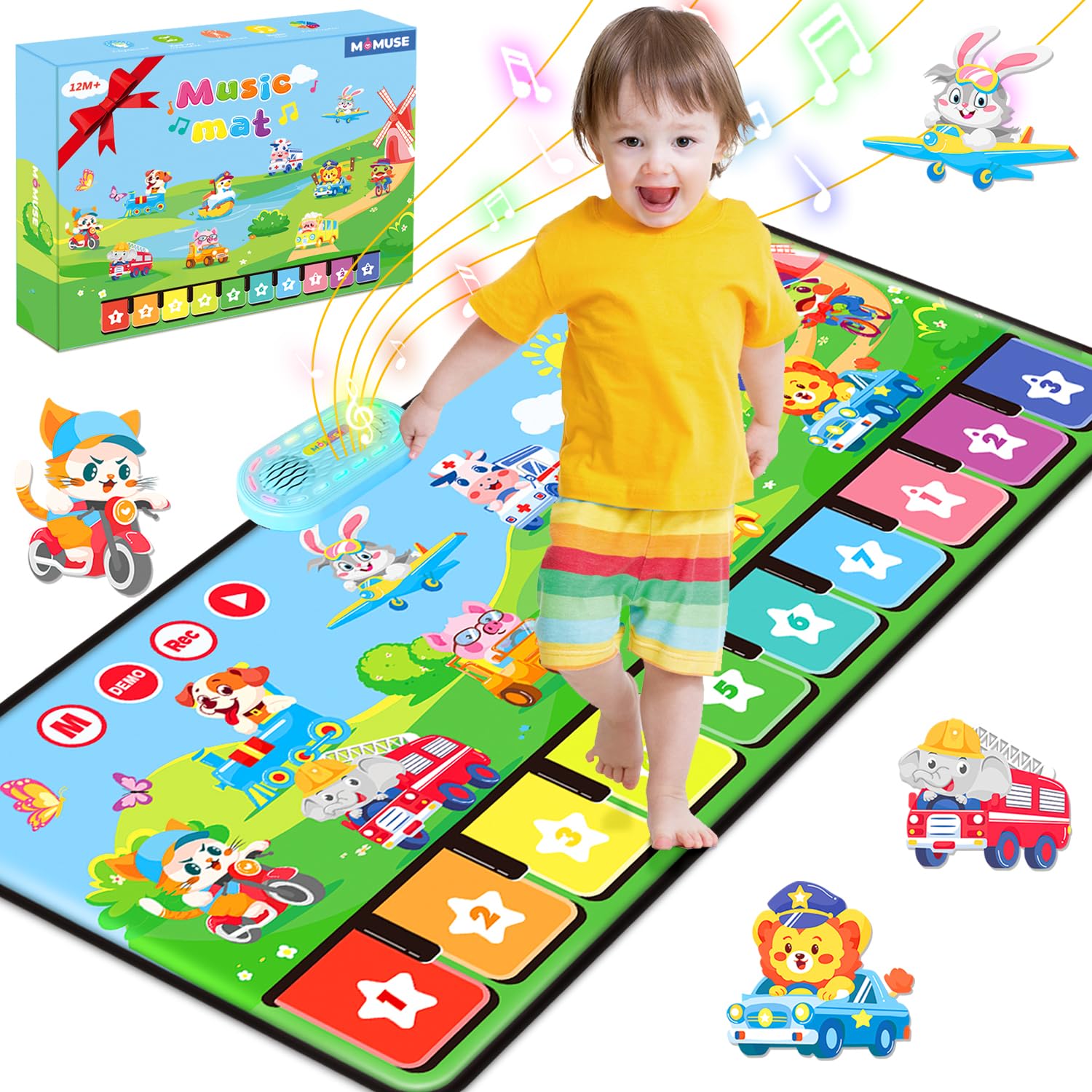 MOMUSE Alfombra Musical con 80 Sonidos, Alfombra de Piano Grande con 10 Animales y 10 Coches, Juguetes Musicales con Luz Suave, 10+ Niveles Volumen, Regalos para Niños Niñas 1 2 3 Años (110 cm*45 cm)