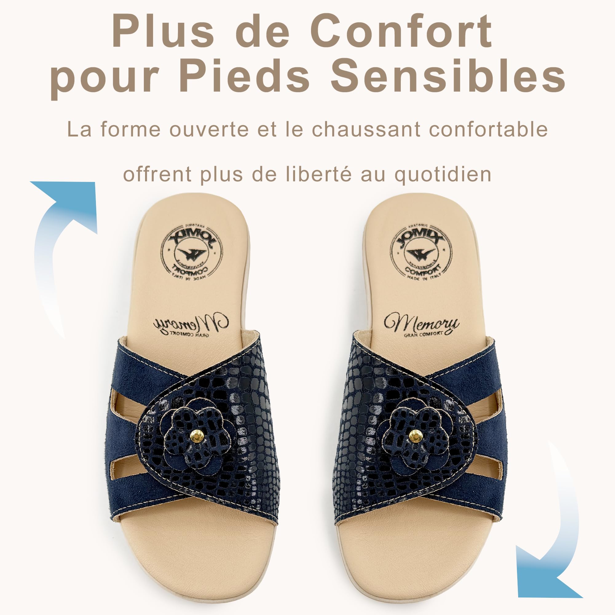JOMIX Chaussons Femme Été avec Scratch Mules Compensées 4,8 cm Pantoufles Maison Confort Semelle Mémoire de Forme Antidérapantes Bout Ouvert Élégantes avec Fleur Made in Italy