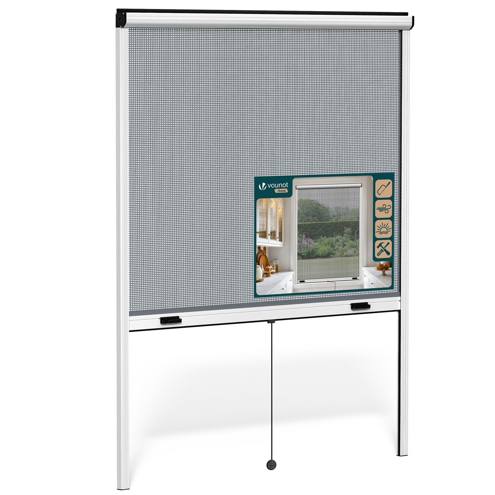 VOUNOT® Store Moustiquaire Fenêtre Enroulable en Aluminium Recoupable avec Maille en Fibre de Verre Store Moustiquaire Installation Facile L130 x H160 cm Blanc