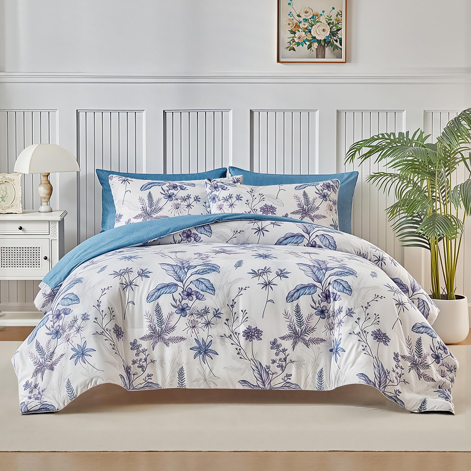 Wajade Floral King Duvet Set with 2 Pillowcases Coverless Duvet with Blue Flower Pattern Washable Reversible All Seasons Lightweight Warm - 220 x 240cm
