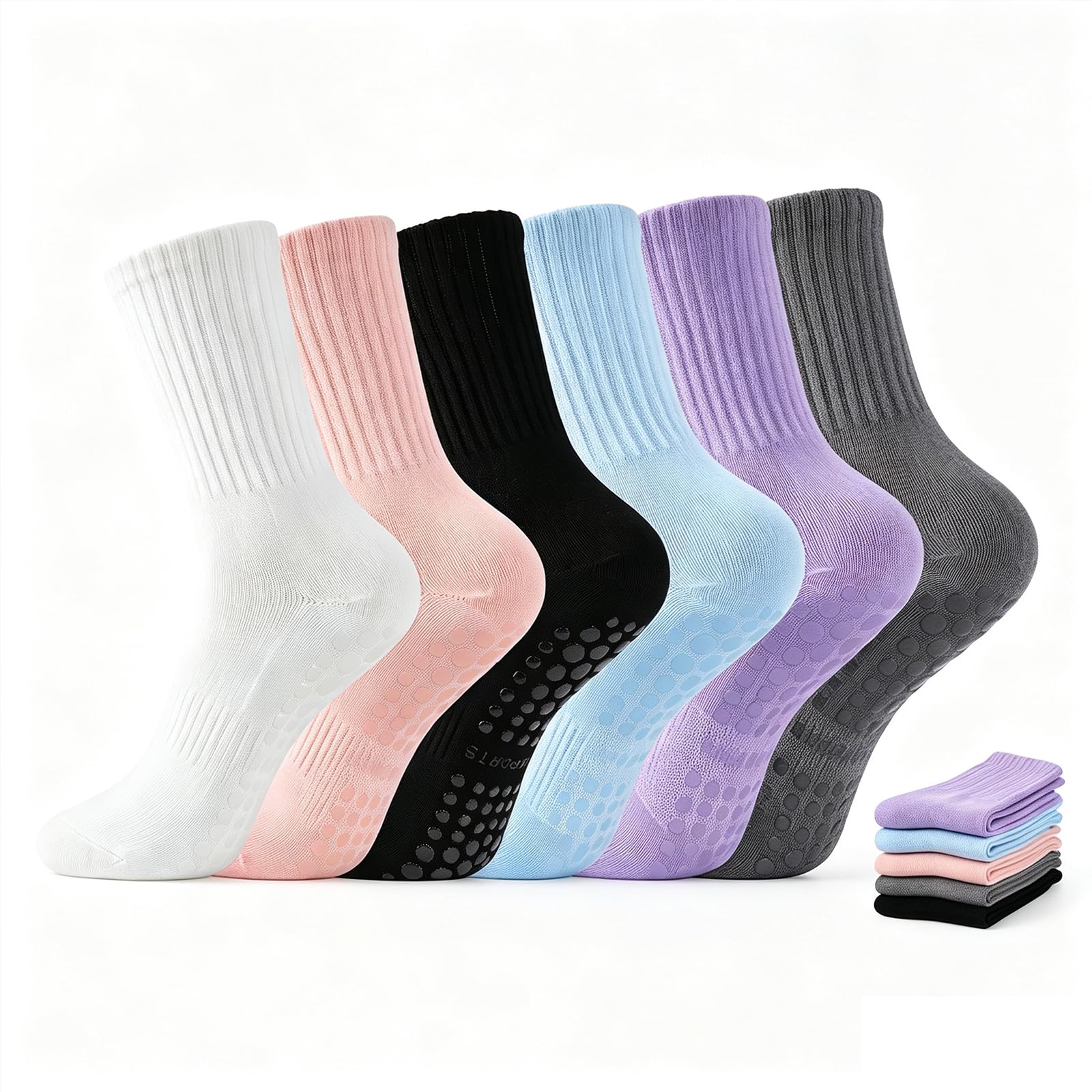 GOTDYBST 6 Paar Pilates Socken Damen, Baumwolle Yoga Socke EU-Größe 35–40 | Baumwolle Stoppersocken Set für Ballett Barre Tanz Gym Fitness Workout Trampolin Hospital Home