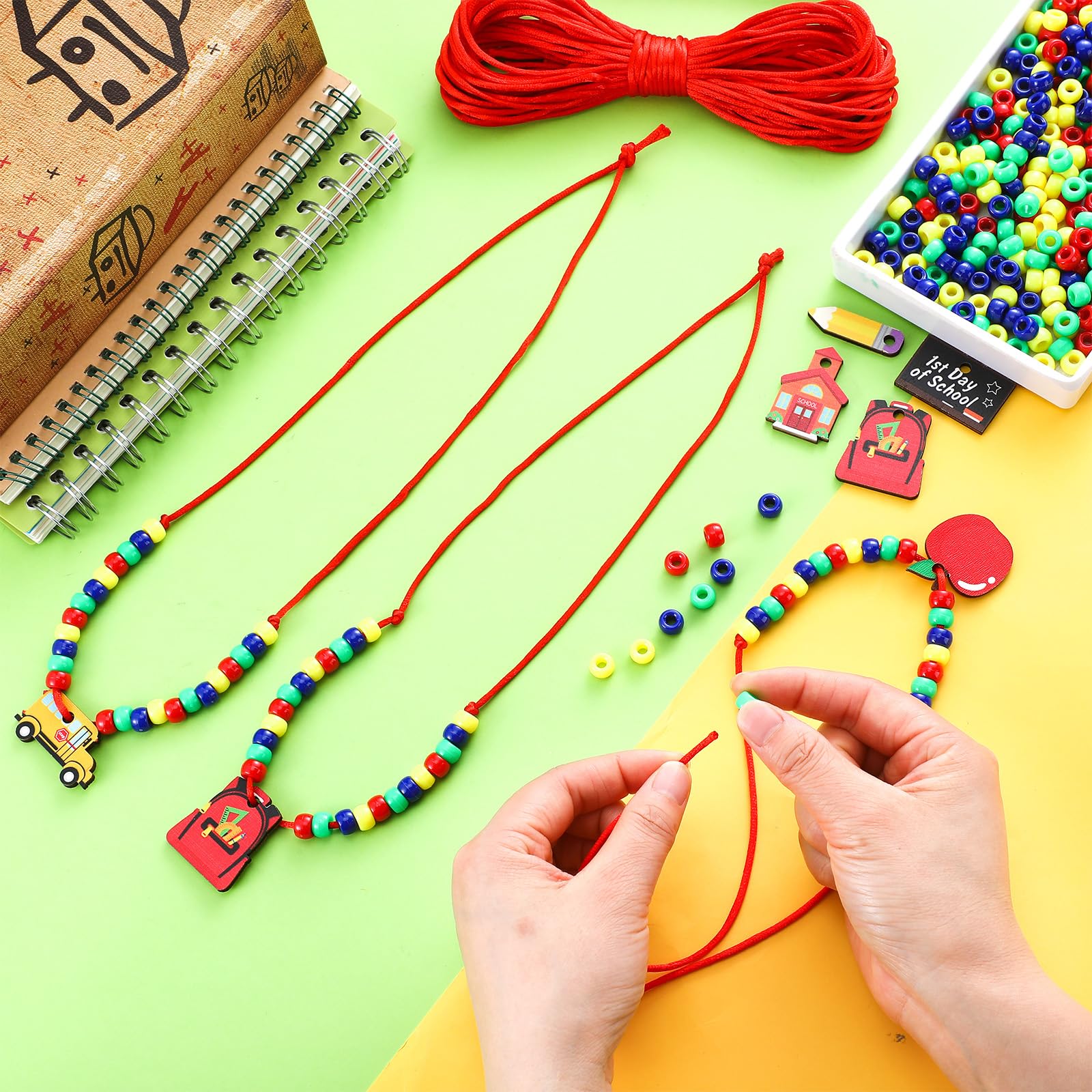 Equsion 24 Sets Back to School Bead Necklace Crafts Kit Welcome First Day of School Craft Gifts for Kids Apple Bus Shape Beads DIY Necklace Supplies Party Favor - Image 3