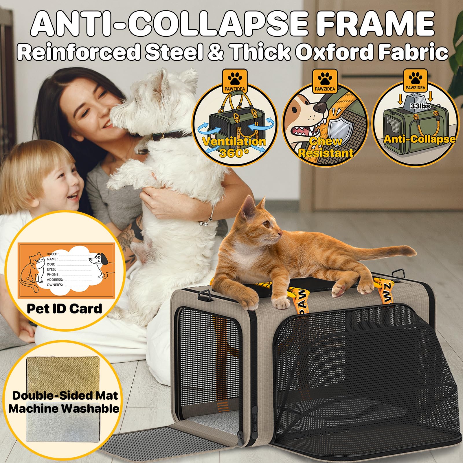 PAWZIDEA Expandable Pet Carrier, 18×11×11 TSA Airline Approved Small Dog Carrier up 18 lbs, Top-Load Cat Carrier for 2 Cats Under Seat, Collapsible Soft-Sided Puppy Travel Bag, Seatbelt Loops, ID Card - image 7
