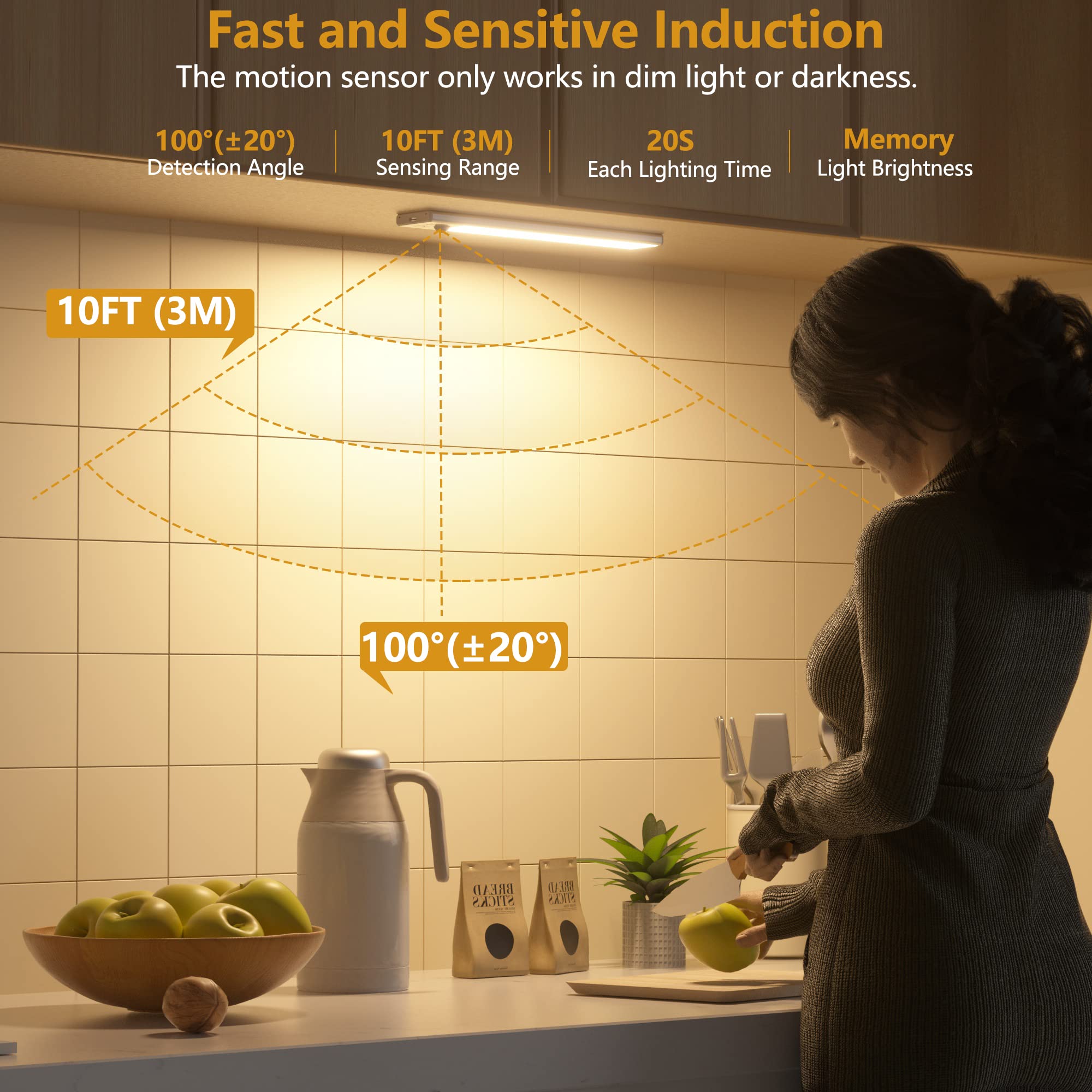 Luci da incasso con sensore di movimento, 3 temperature di colore, luce LED per armadio, ricaricabile USB-C, luce notturna per cucina, armadio (argento, luce bianca calda, 20 cm, confezione da 3