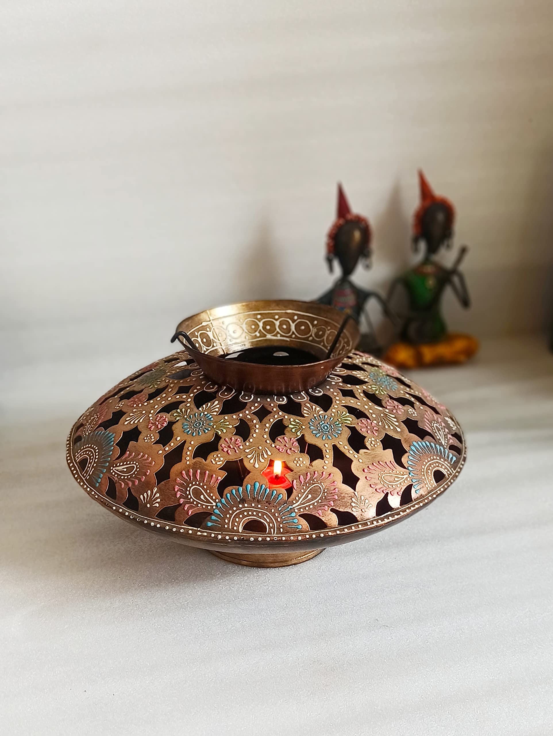 RM Antique Designed Hand-Crafted Rustic Big Size Bronze Color Metallic Tealight/Candle Holder/Lantern -Matki Shape for Home Decor | Diwali Decoration | Festival Gifting | Seasonal Decoration