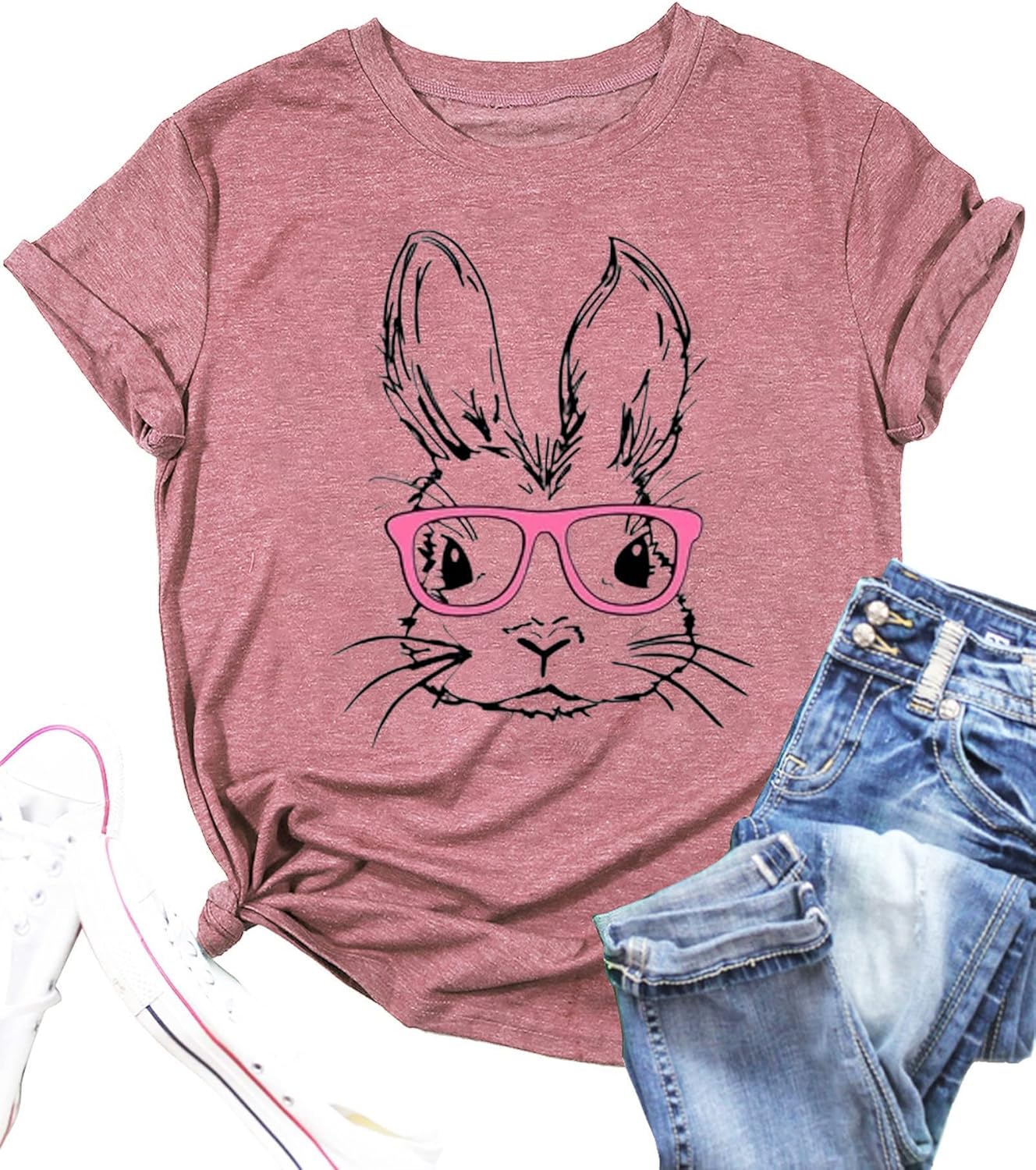 Funny Bunny Print T Shirt for Women Cute Grapic Leopard Shirts Family Blouse Gifts Easter Tops Tee