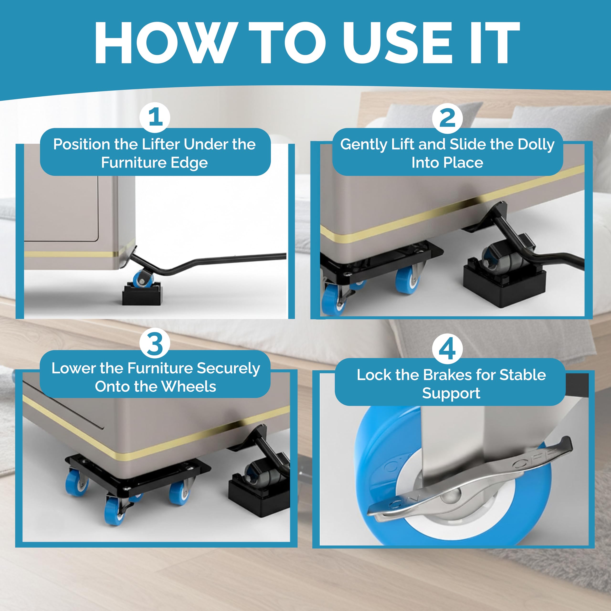 Plataforma rodante resistente para muebles con rotación de 360°, 5 ruedas, aleación de acero, capacidad de carga de 3000 libras con cinta métrica y nivelador para facilitar el movimiento de
