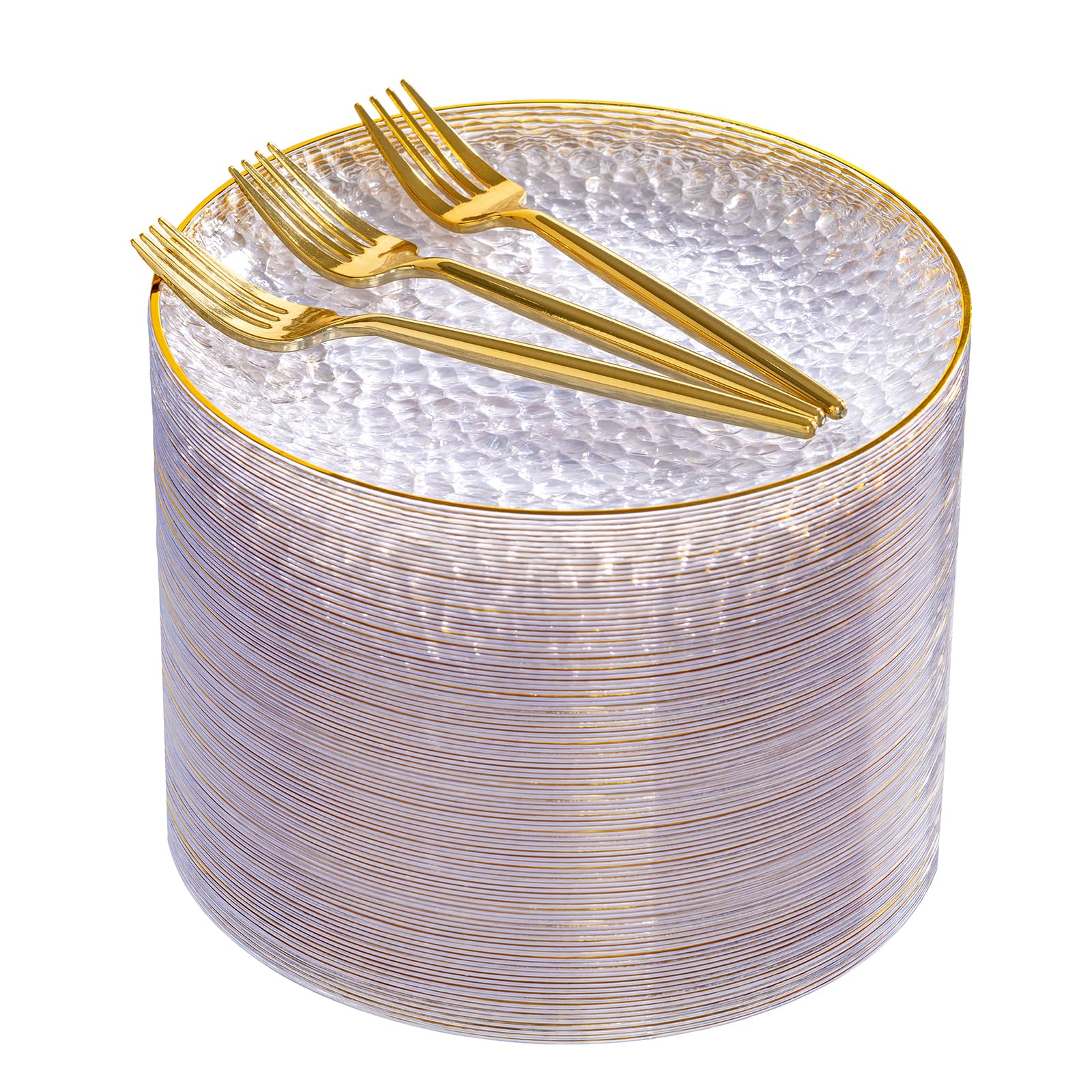 Photo 1 of DaYammi 240Pcs Gold Plastic Plates Including 120Pcs Dessert Plates and 120Pcs Cake Forks,Hammered Party Plate,Clear Gold Appetizer plates Heavy duty Disposable Plastic Plate for Party Wedding Birthday