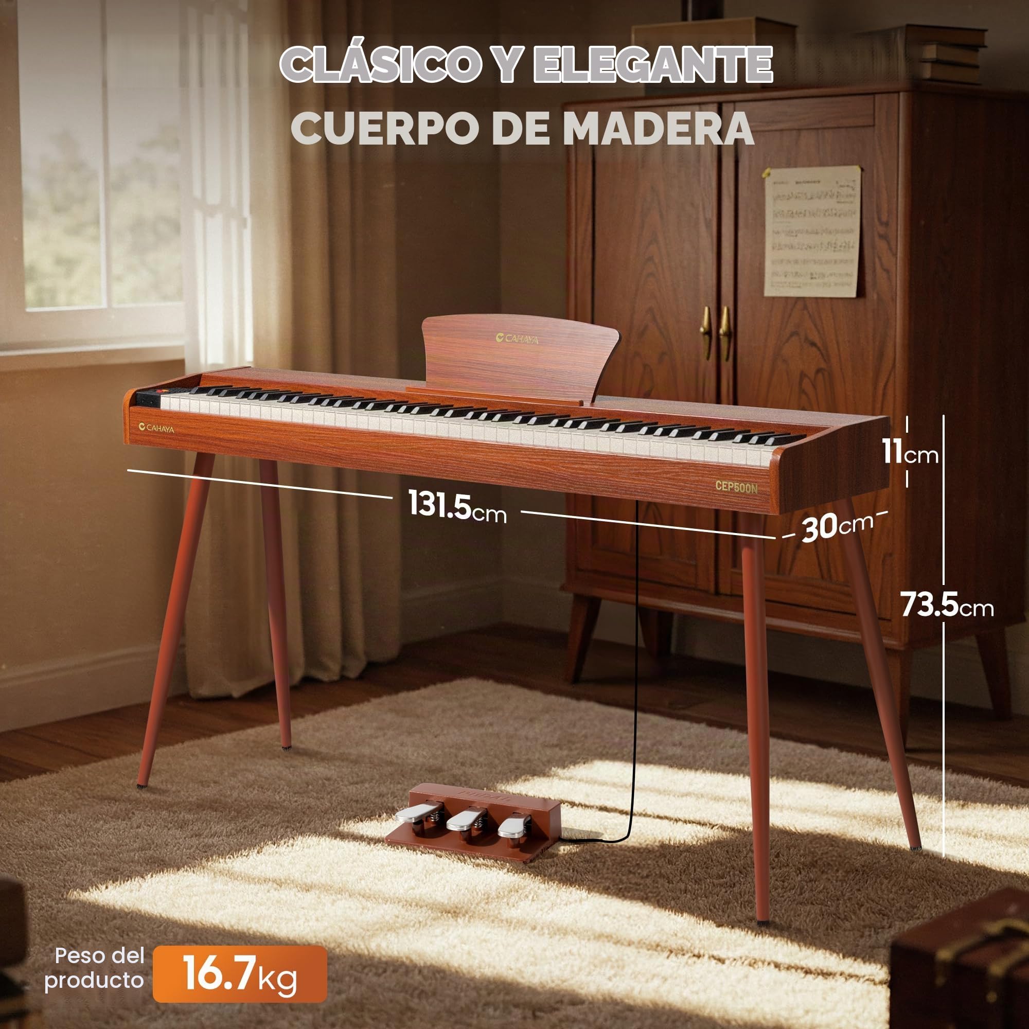 CAHAYA Piano Digital de 88 Teclas – Piano Eléctrico de Tamaño Completo con Teclas Contrapesadas y Cuerpo de Madera 380 Sonidos Triple Pedal Compatible con USB-MIDI Ideal para Principiantes