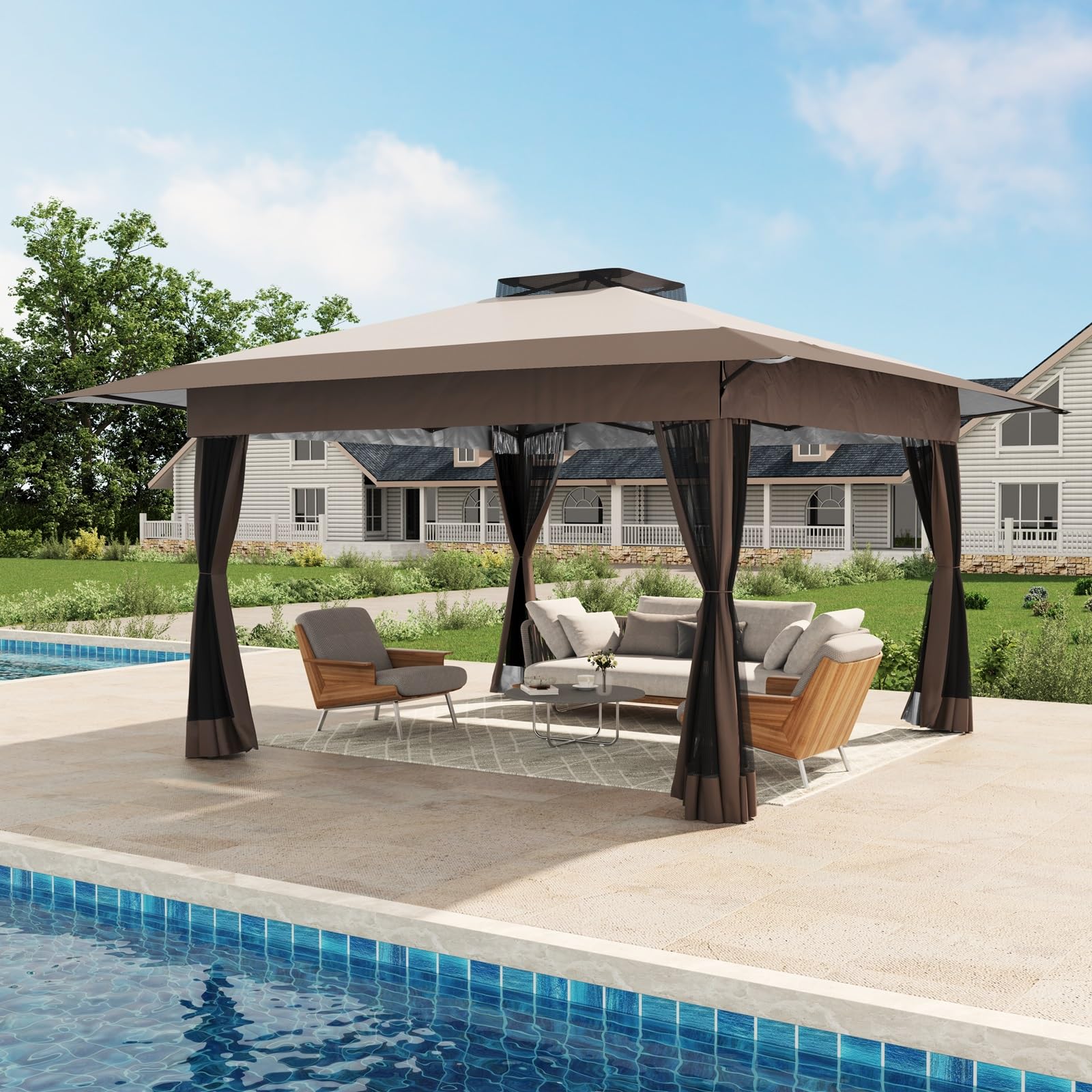 COBANA 13x13 Ft Pop Up Gazebo for Patio, Outdoor Gazebo Canopy Tent with Mosquito Netting, Beige & Brown  
COBANA 13x13 
