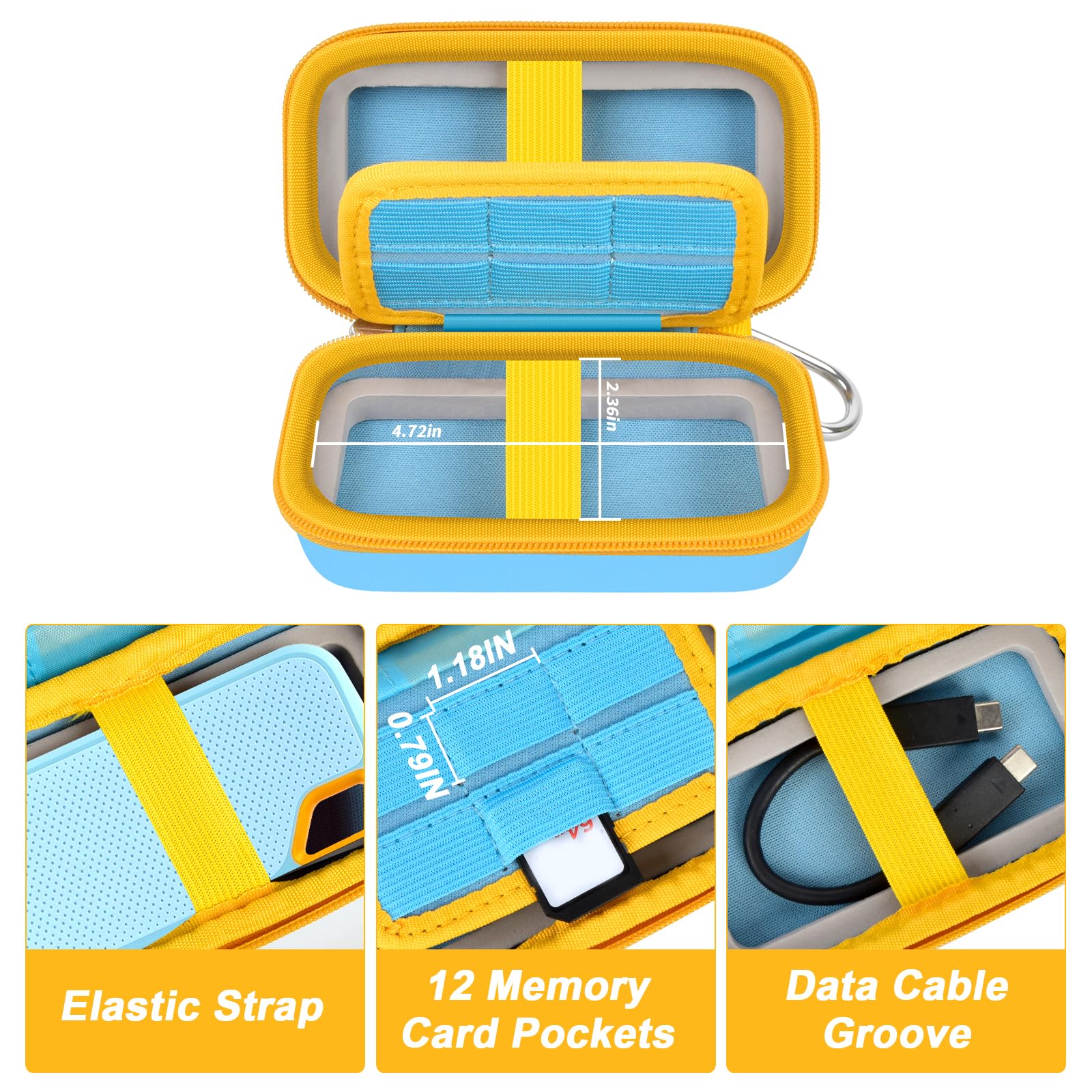 Case Compatible with SanDisk Extreme Pro/for SanDisk Portable SSD 1TB 2TB 4TB 500GB/ for Crucial X9 X10 Pro External Solid State Drive, Travel Storage Bag for 2 SSD and SD Card- Sky Blue (Box Only) - Detailed View