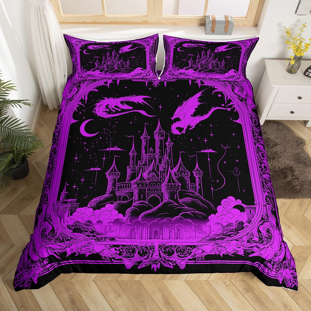 jejeloiu Fairy Dragon Bedding Set Toddler Size Kids, Vintage Damask Castle Comforter Cover Set for Boys Girls, Medieval Fantasy Dragon Vivid Purple Duvet Cover Quilt Cover,No Stuffing