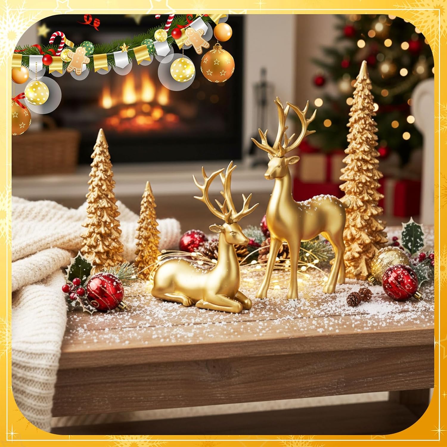 5 Pcs Christmas Gold Reindeer Decor Christmas Trees Figurines Xmas Deer Table Decor for Indoor Home Tabletop Mantle Cabinet Desktop Office