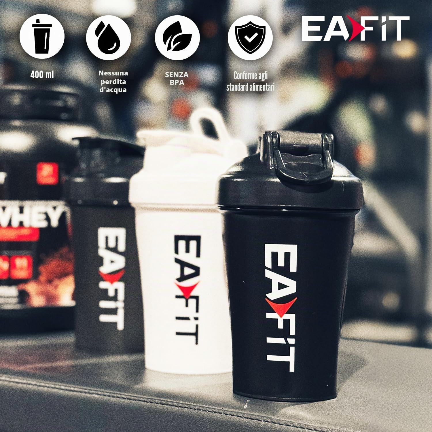 EAFIT Shaker Proteine 400 ml Nero Trasparente – Borraccia Graduata Senza BPA con Mixer in Acciaio – Per Whey Protein, Creatina, Pre Workout – Shaker Palestra Portatile Anti-Perdita per Sport e Fitness