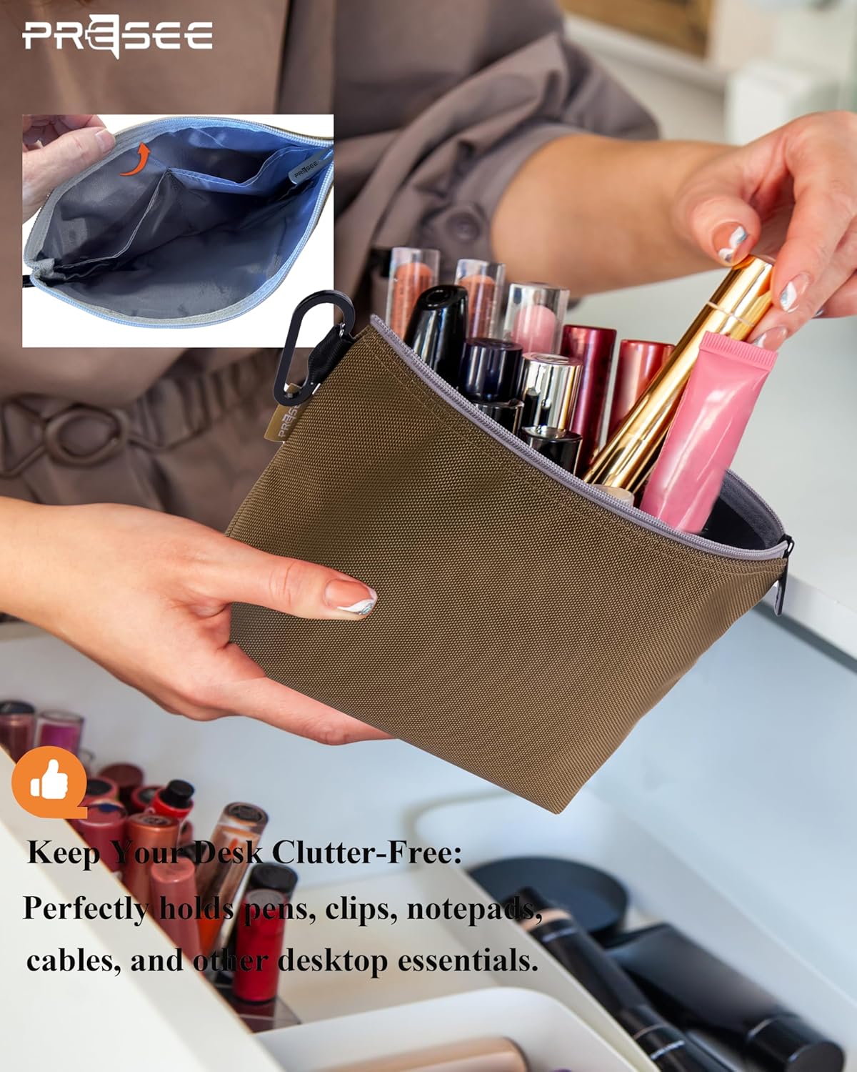 Tool Pouch Zipper Small Tool Bag Pouches Organizer Bag with Metal Carabiner, Nylon 1680D Heavy Duty for Wrenches, Screwdrivers, Pliers, Stationery & Office Supplies Pack of 1,Khaki, 11 Inch