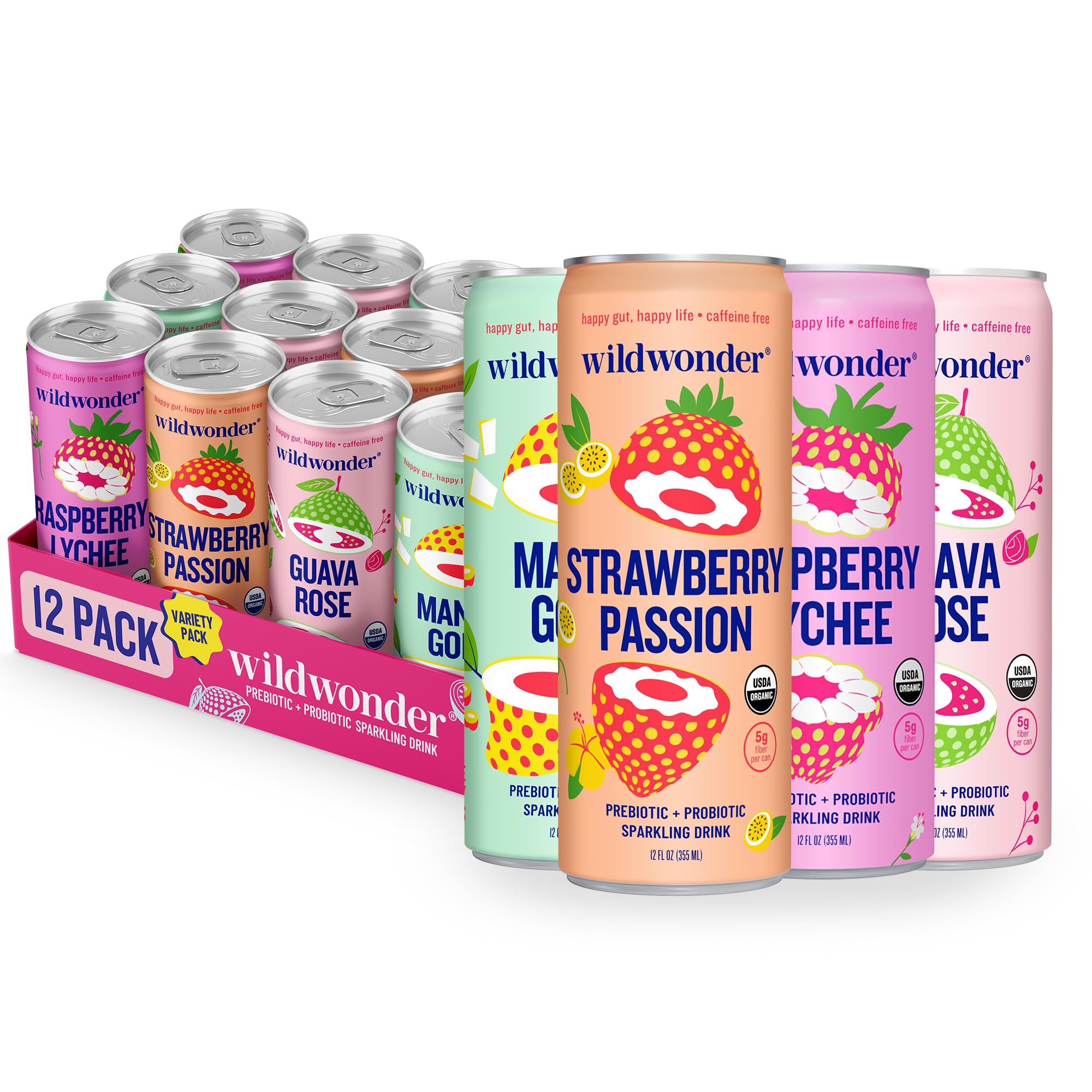 WildwonderSparkling Probiotic Drink 12pk, For Gut Health & Immune Support, Classic Variety Pack, 5g Prebiotic Fiber, Live Probiotics, Organic, Vegan, Low Sugar, 12 Pack, 12oz Can, Seen on Shark TankUSDA Organic