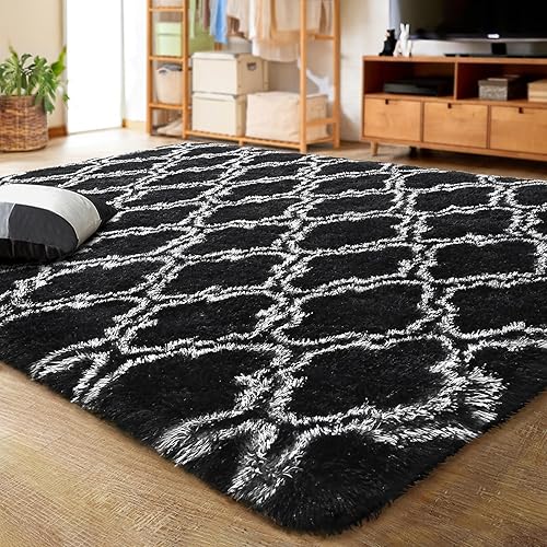 LOCHAS Luxury Shag Area Rug 5x8 Feet Geometric Plush Fluffy Rugs, Extra Soft Carpet Moroccan Rugs for Bedroom Living Room Dorm Kids, High Pile Shaggy Floor Rug Decor, Black/White