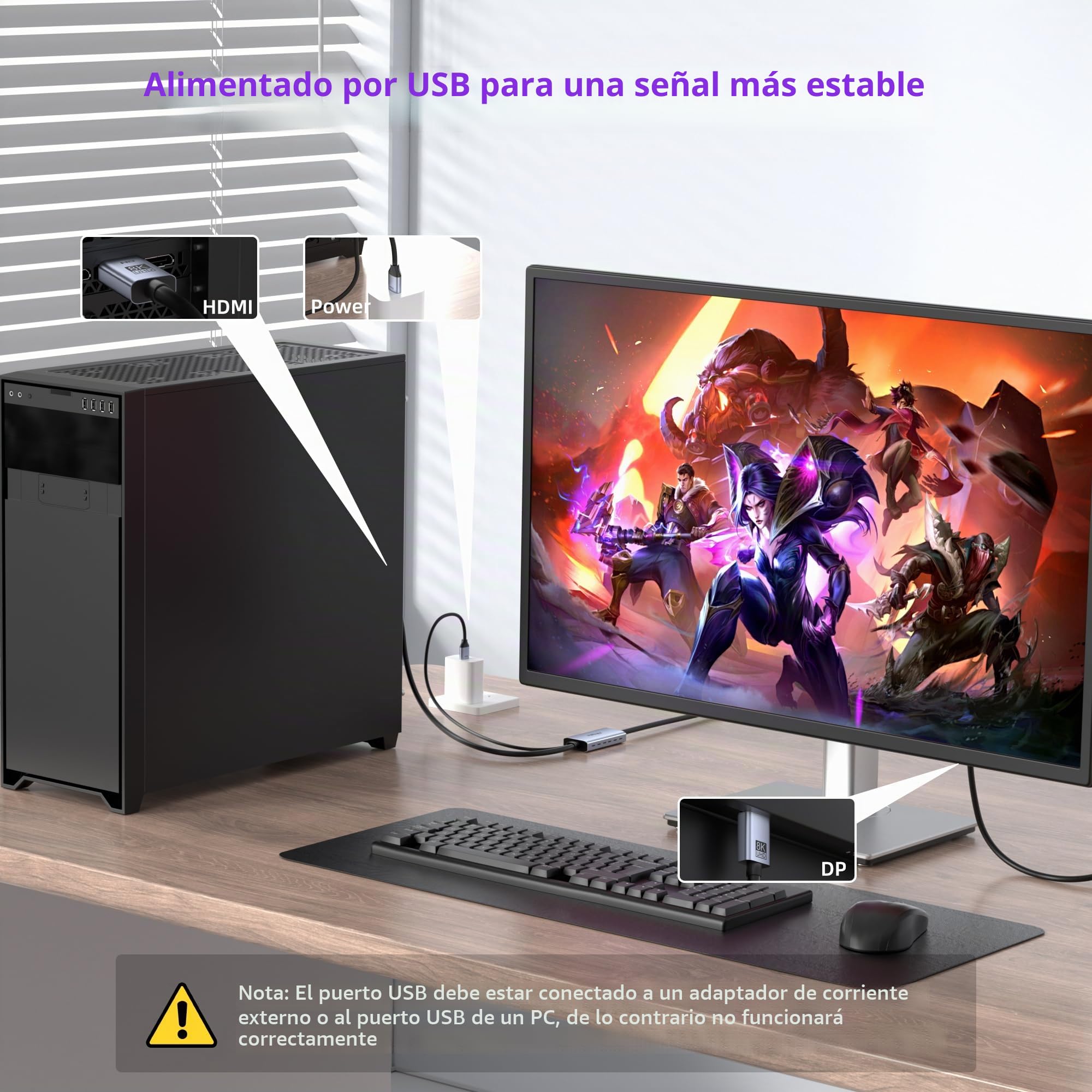 fairikabe Adaptador de cable HDMI 2.1 a DisplayPort 1.4 de 6 pies, fuente HDMI activa unidireccional a cable de monitor DisplayPort 8K, convertidor para ordenador, PC, PS5, Xbox macho a macho