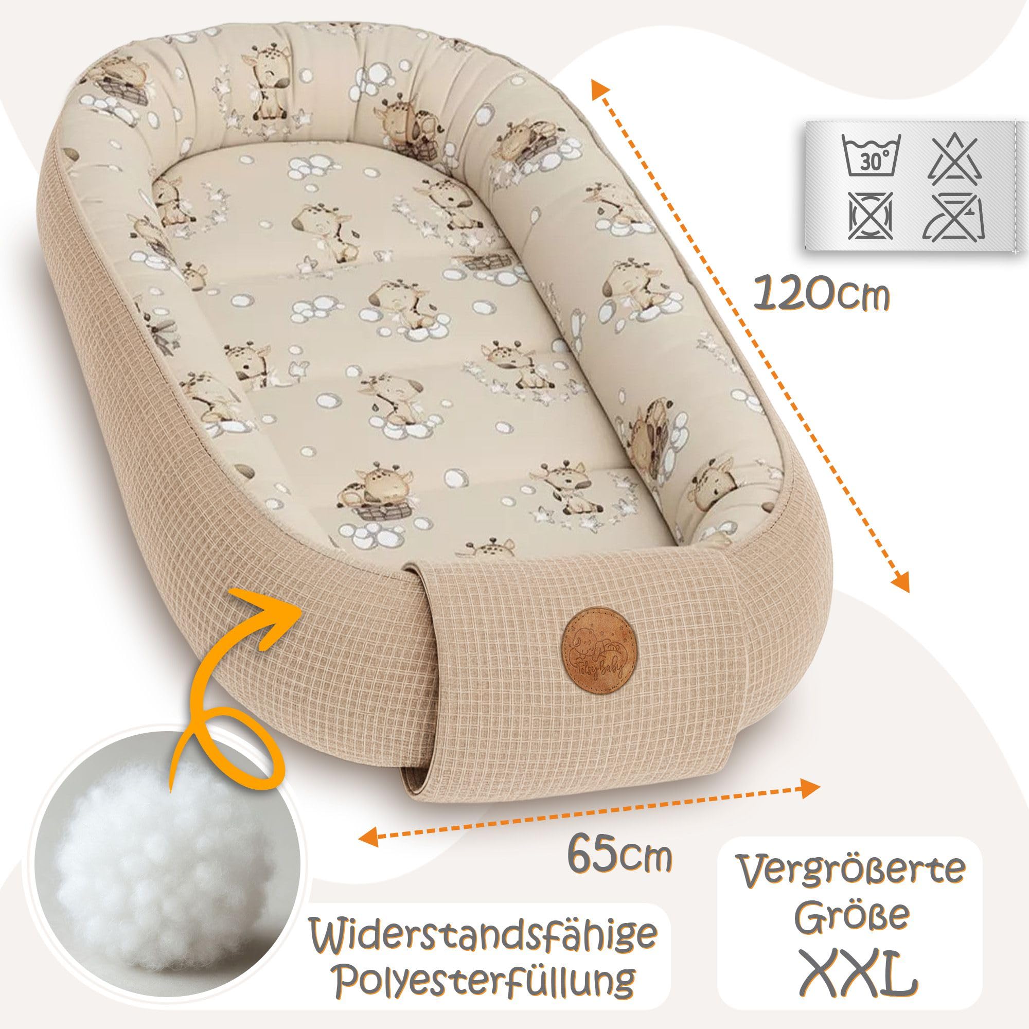 Kokon XL z zakładką i naszywką Totsy Baby Żyrafy + beżowy Wafel 65X120