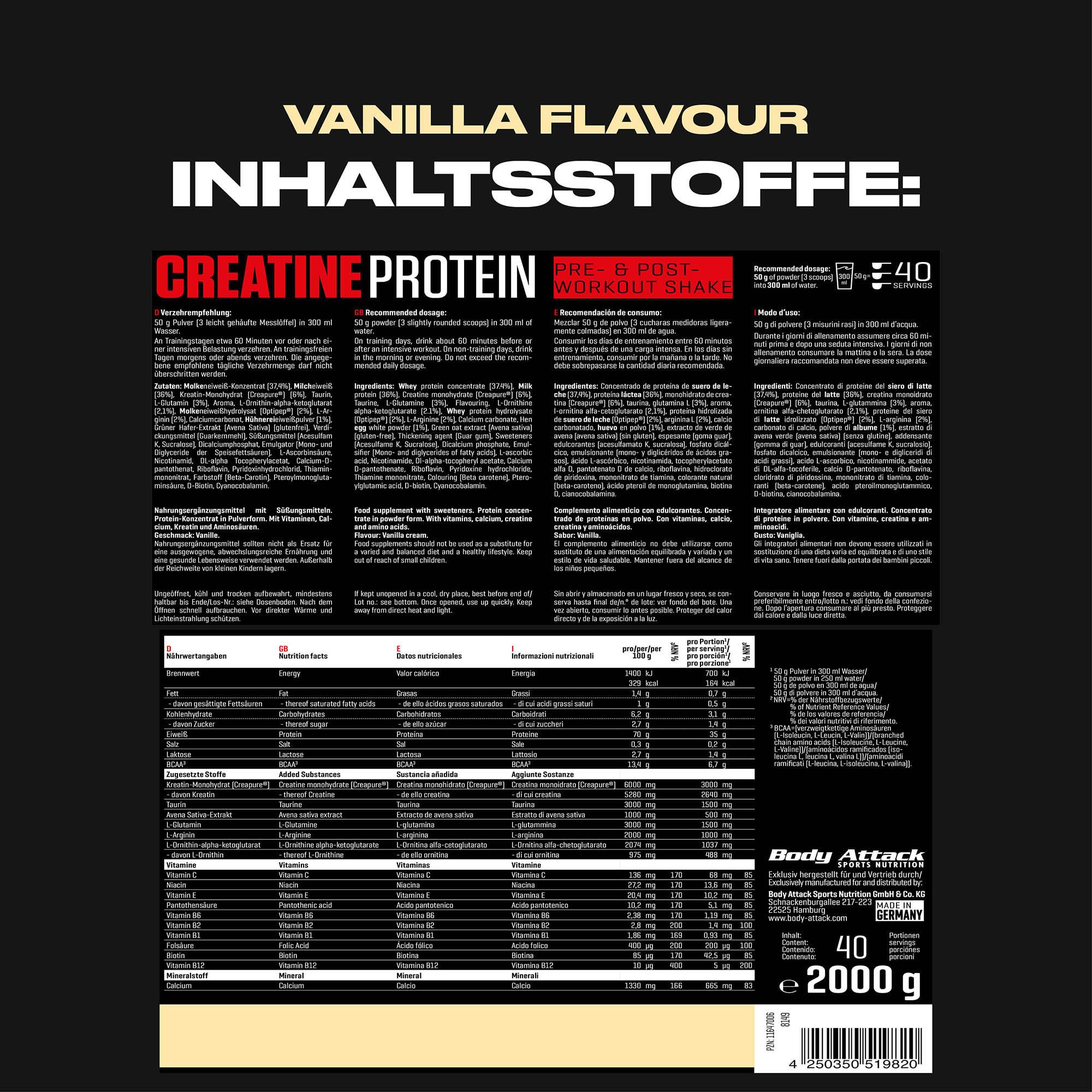 Body Attack Creatine Protein, Vanille (1 x 2 kg)