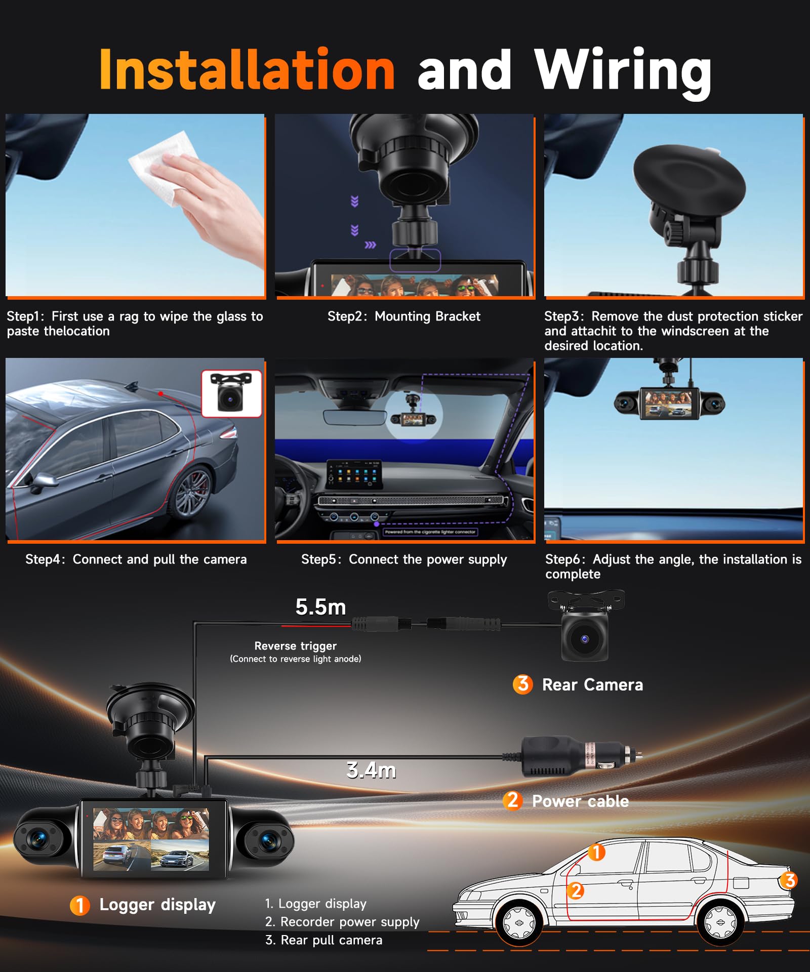 VECHTEL 2K/1080P Dashcam per auto anteriore e posteriore con WiFi, 4* Dash Cam Telecamera per auto con schermo IPS da 3 pollici,visione notturna,sensore G,protezione a 360 gradi,Con 64GB SD Card