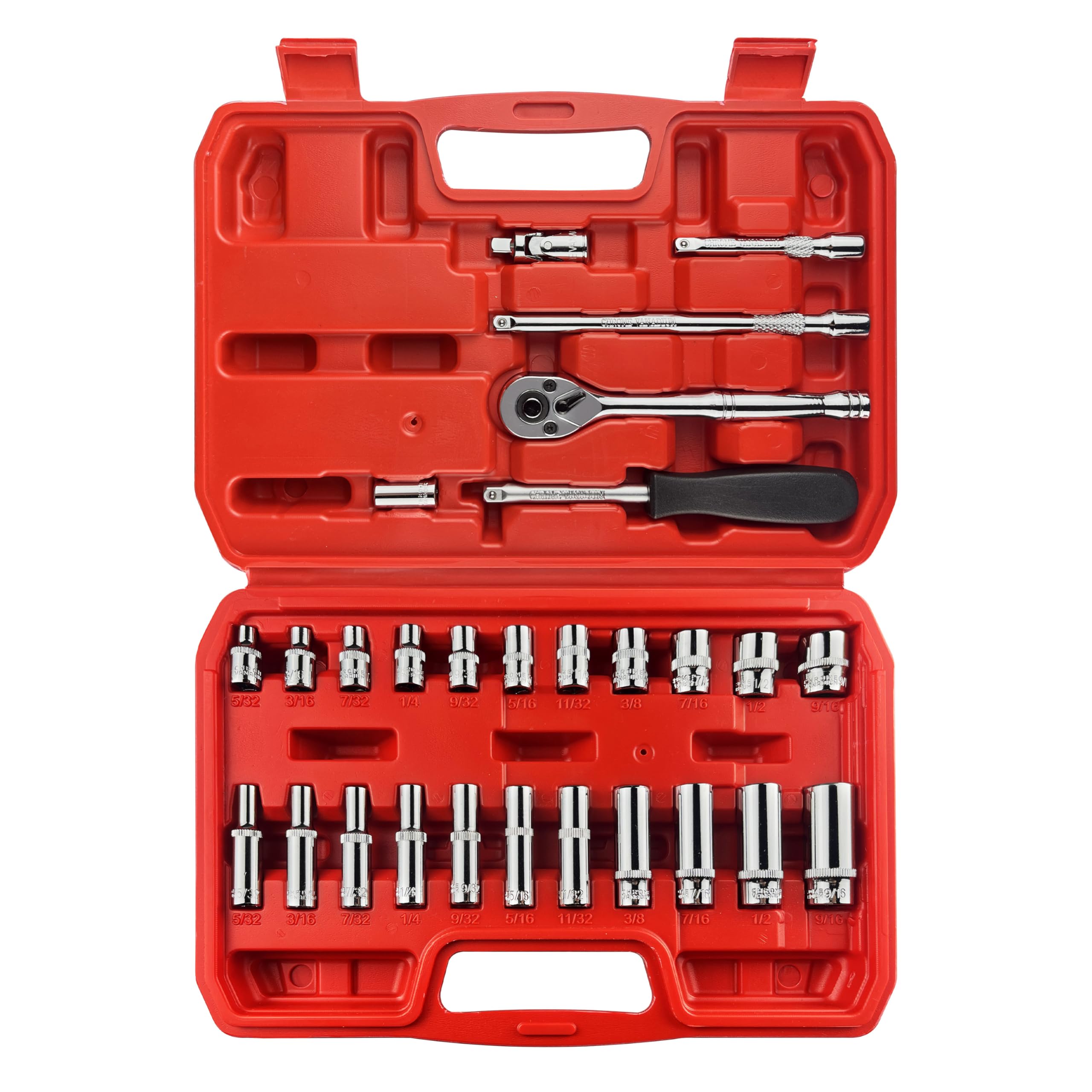 28pcs 1/4" Drive Impact Socket Set,Drive Master Socket Set,SAE, Deep&Shallow with Universal Joint,Extension bar,Ratchet Wrench,Hex Bit Holder,Spinner Handle,6 Point,CR-V Steel,Mirror Chrome
