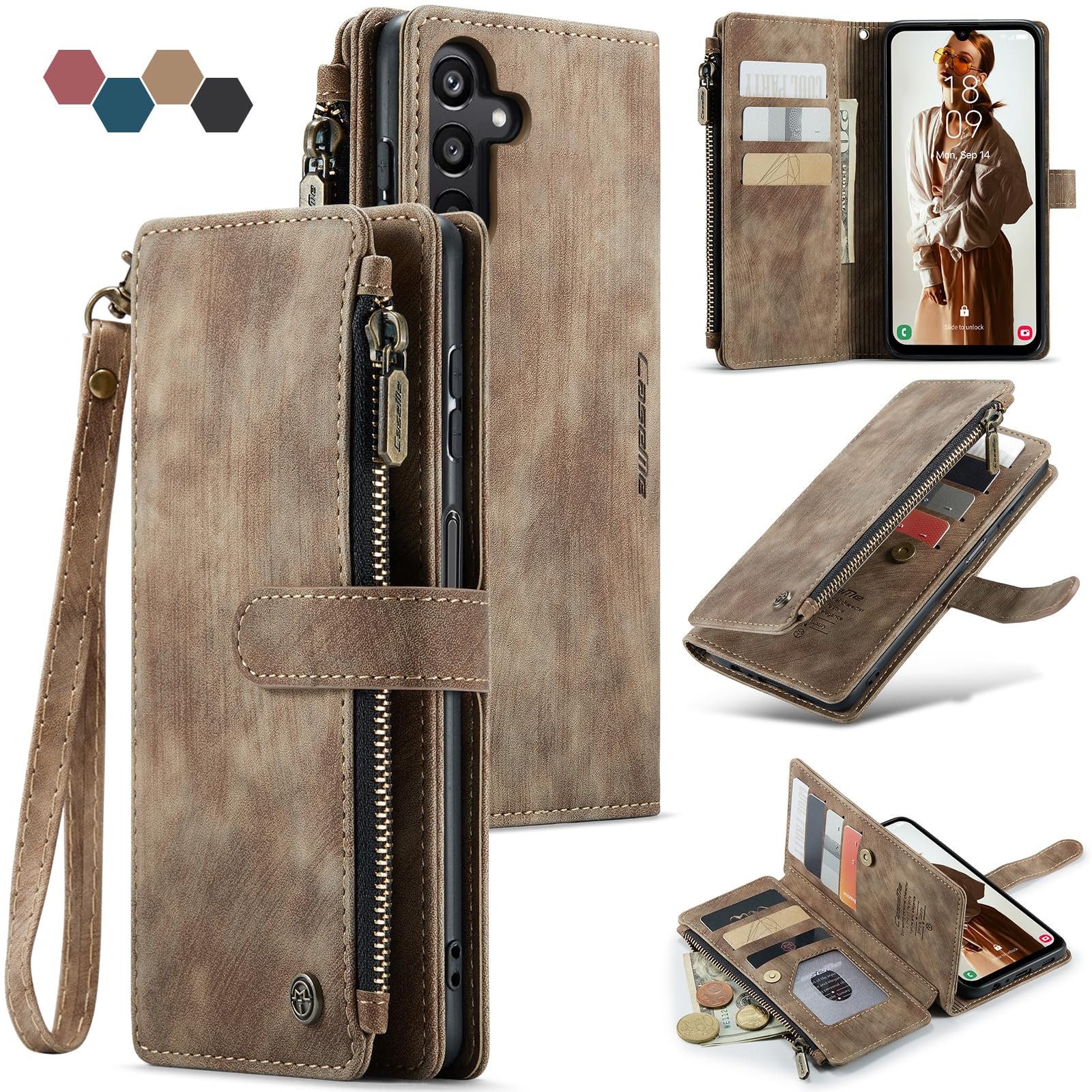 Lxisxcna Samsung Galaxy A25 5G Wallet Case with Card Holder Kickstand Magnetic Zipper Pocket Lanyard Strap Wristlet,Leather Flip Case Wallet for