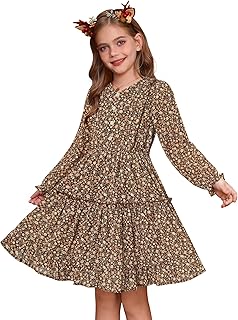 Vestidos de niña otoño flores vestido de gasa manga larga línea A vestido midi volantes vestido de princesa