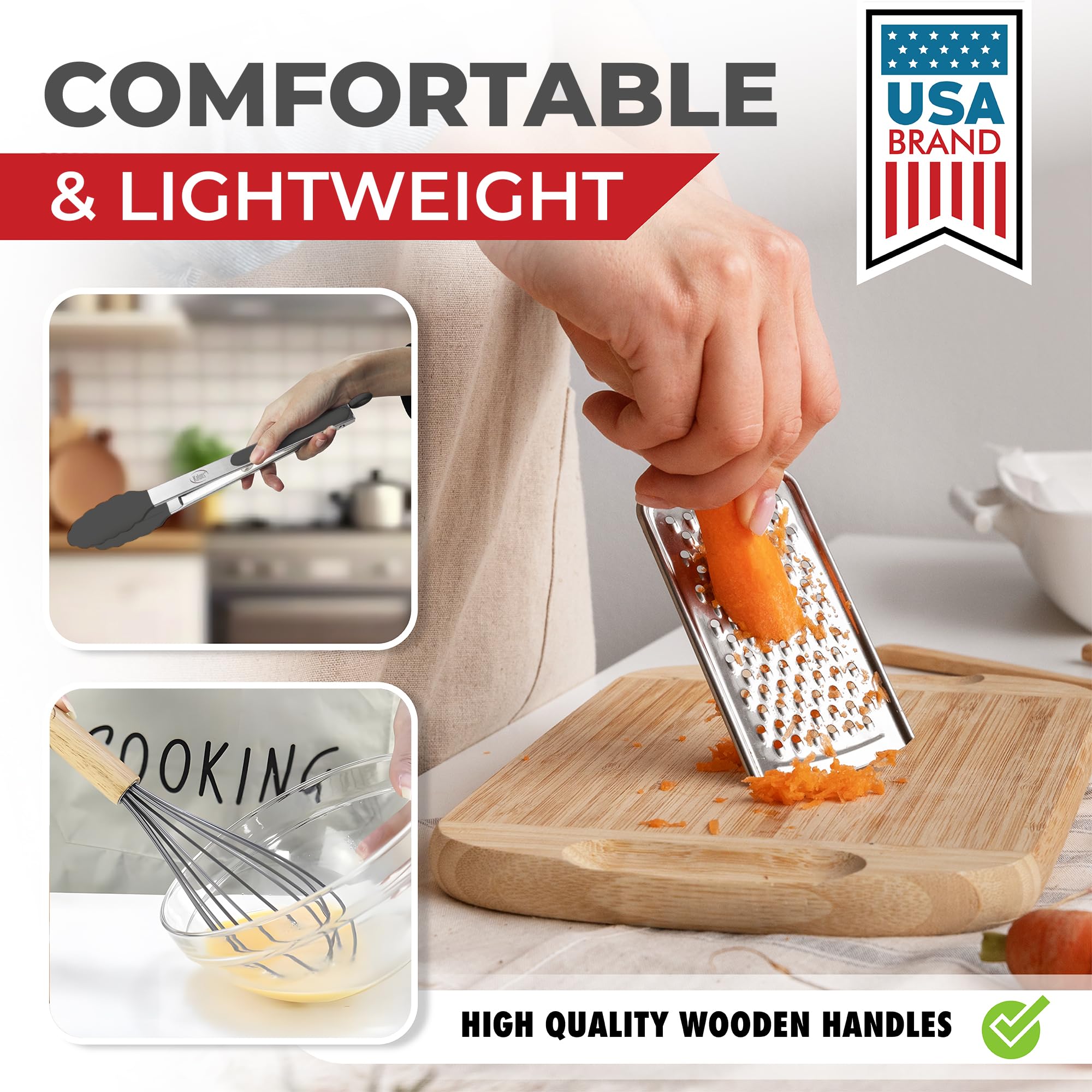 Kaluns Juego completo de 50 utensilios de cocina de silicona, resistentes al calor, antiadherentes, con asas de madera, abrelatas, machacador, volteador, espátula de silicona