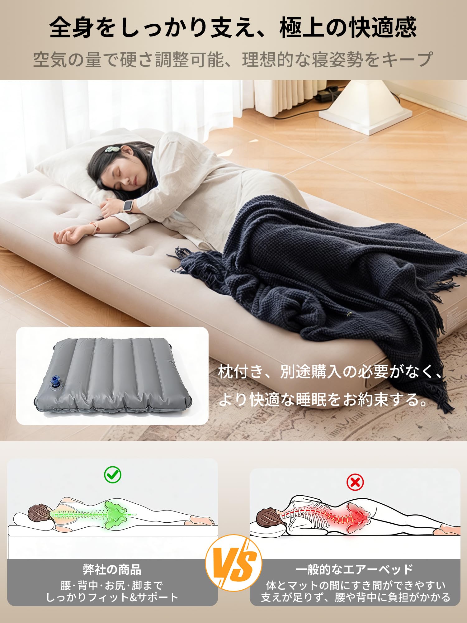 Amazon.co.jp: エアーベッド 電動ポンプ内蔵 Type-C 充電 極厚 25cm