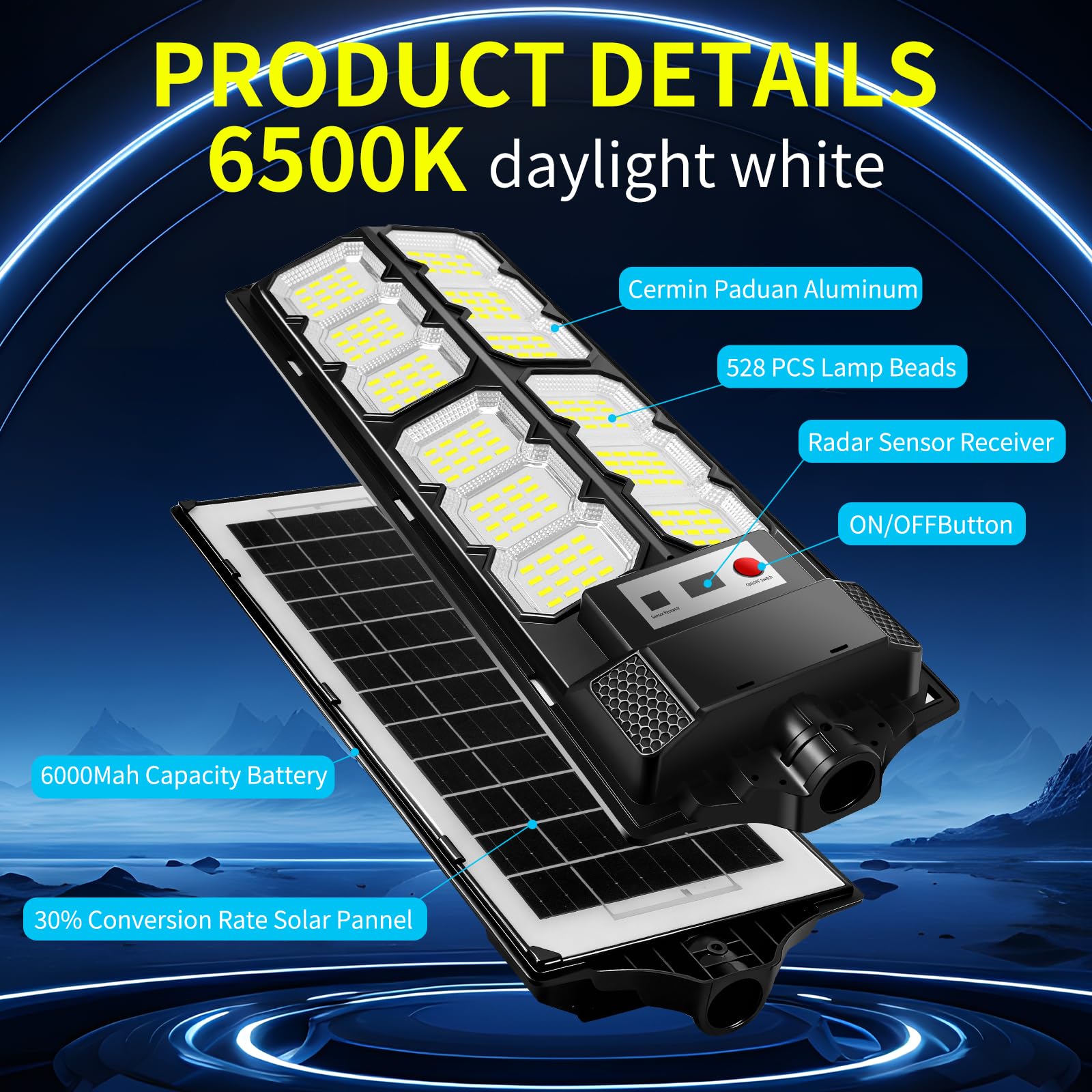 600W Lampione Solare Led Esterno 4 pezzi,IP66 Impermeabile Faretto Stradale con Sensore di Movimento,6500K Lampioni da Giardino Esterno Solari per Garage Strada