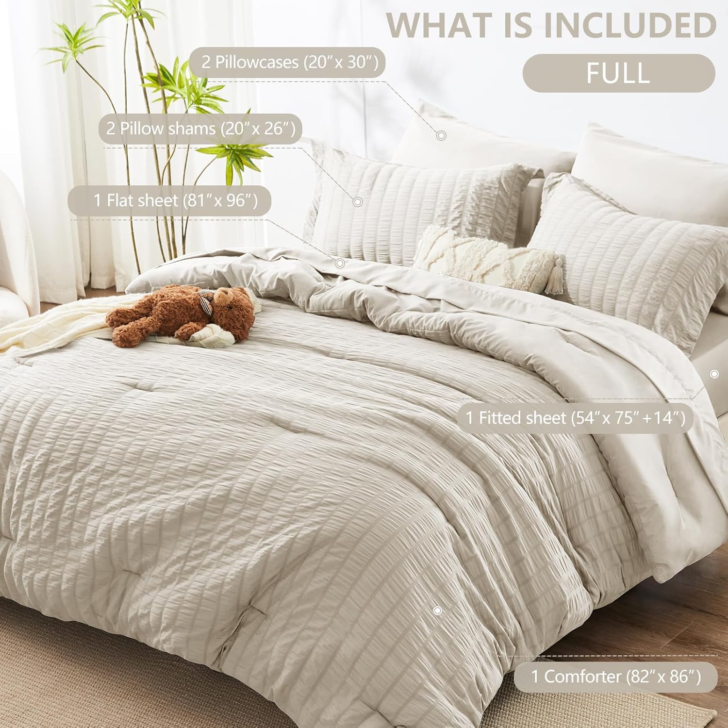 HIMEET Full Size Comforter Sets - 7 Pieces Seersucker Bed in a Bag Full, Luxury Boho Comforter Set with Sheets for All Season, Bed Set with Comforter, Sheets, Pillowcases & Shams, Beige