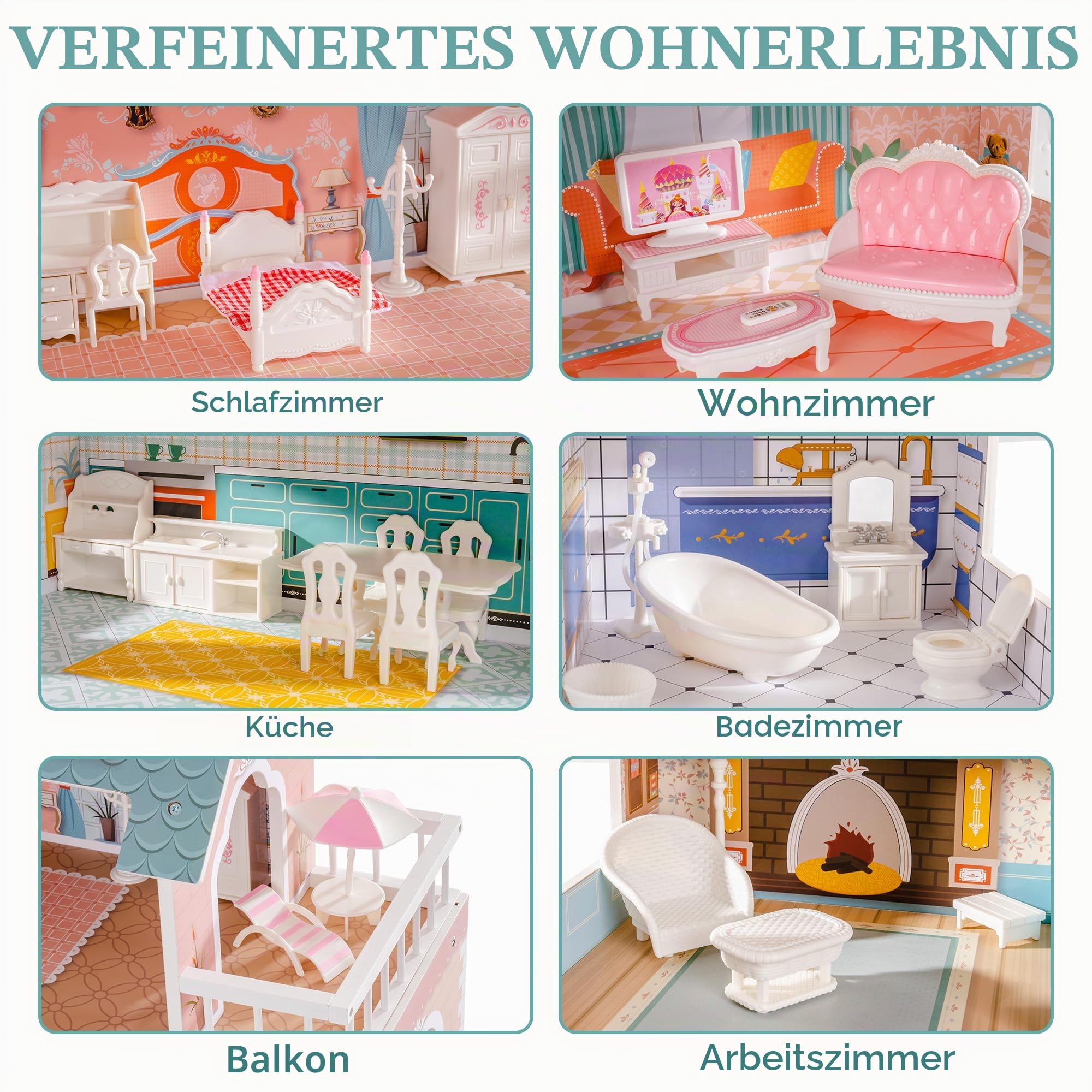 ROBUD Puppenhaus aus Holz mit Möbeln und Zubehör Mädchen Häuser Spielhaus Spielraum Spielzeug für Kinder