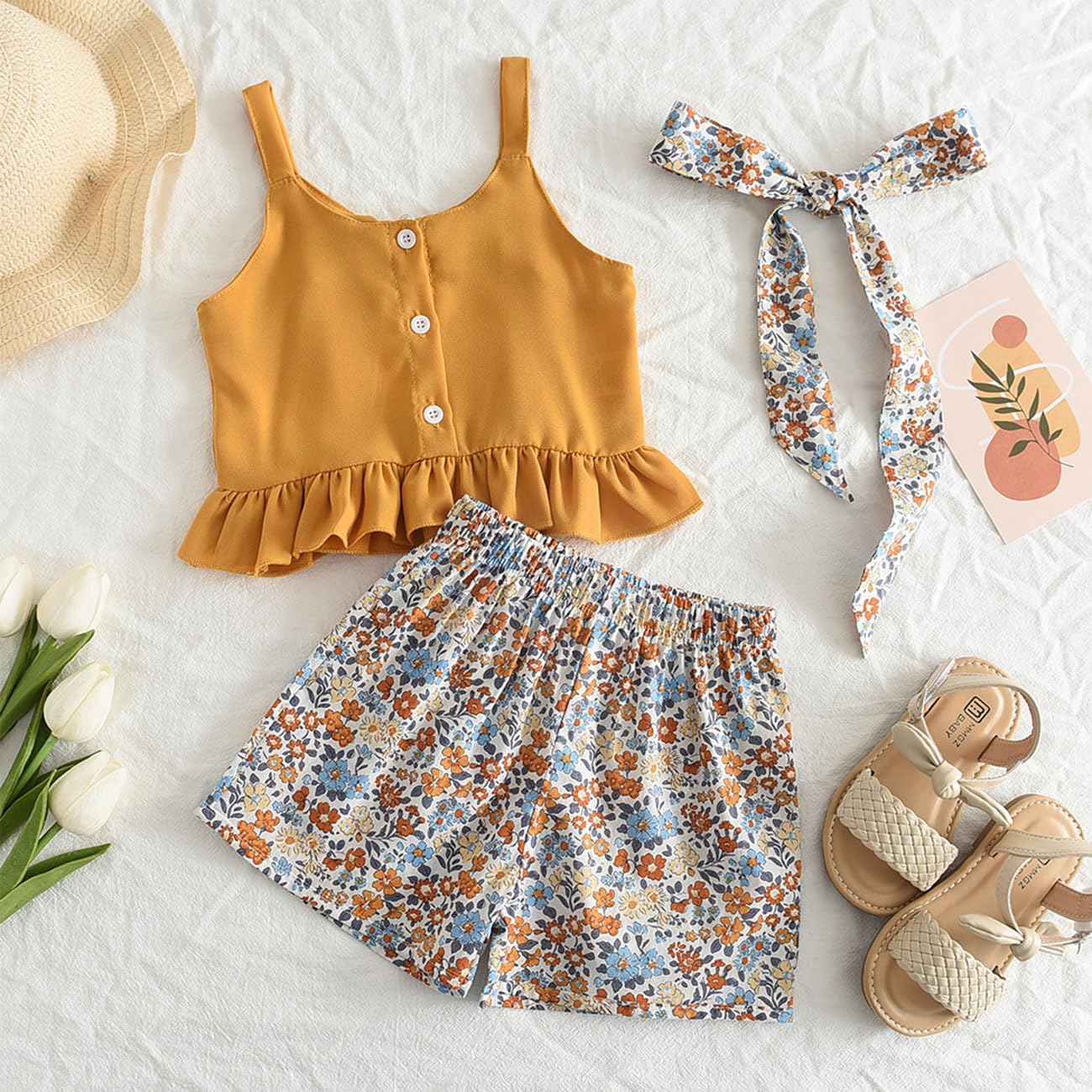 Conjunto de Ropa para Niñas con Top + Pantalones Cortos Florales + Tirantes Ajustables, Camisetas sin Mangas con Volantes, Pantalones con Estampado floral para 3 a 7 Años, Amarillo