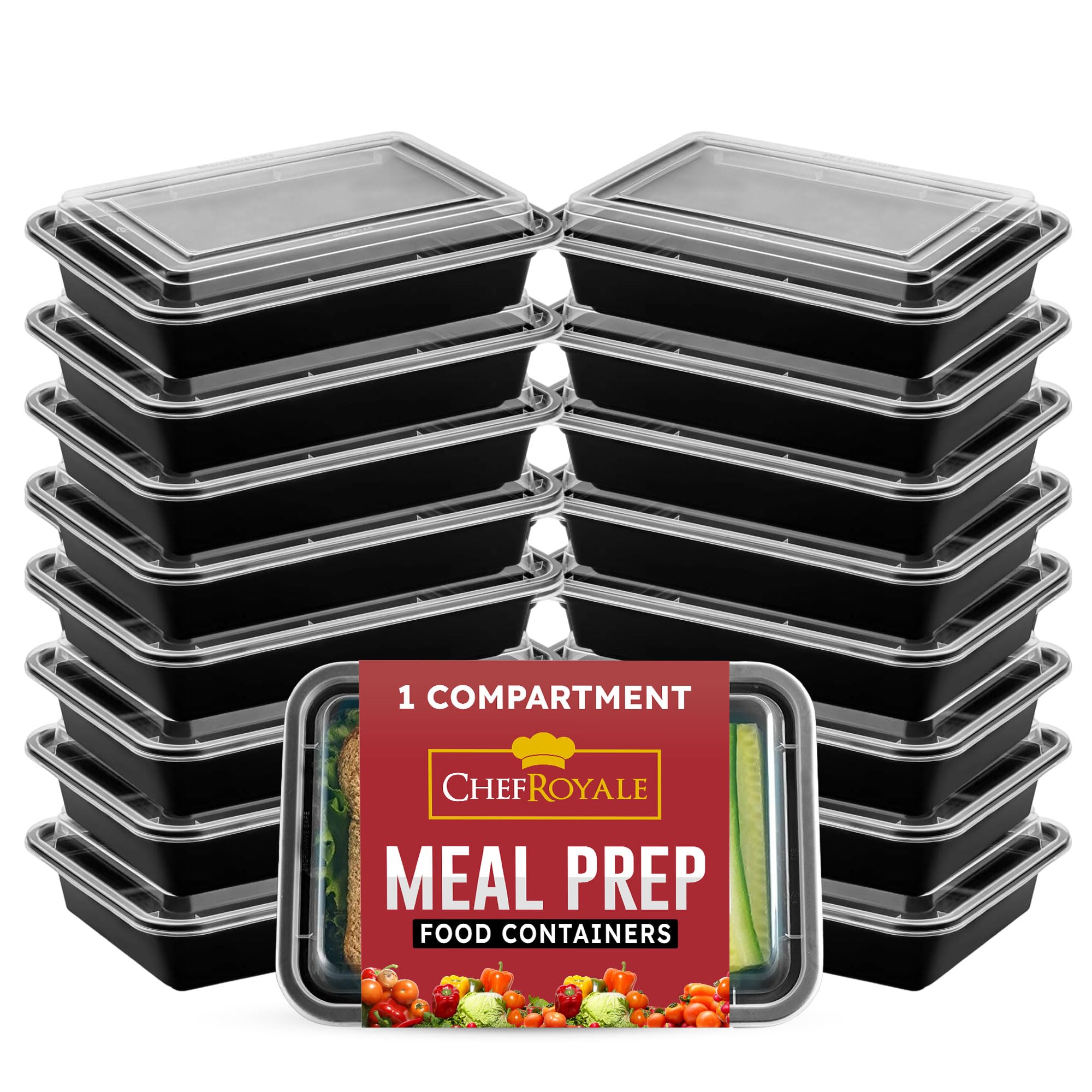 CHEF ROYALE 30pcs x 24oz Rectangular Black Base Meal Prep Containers - BPA Free Storage with Airtight Lids-Microwave, Dishwasher Safe-Stackable Lunch Boxes - Reusable