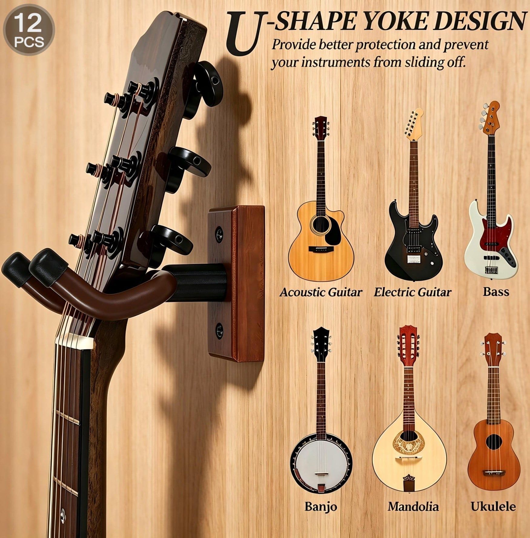 Sound Harbor Gitarren-Wandhalterung, 12 Stück, Holz-Gitarrenaufhänger, Haken, Ständer, Wand für Akustik-, E-Gitarre, Banjo, Bass, Ukulele