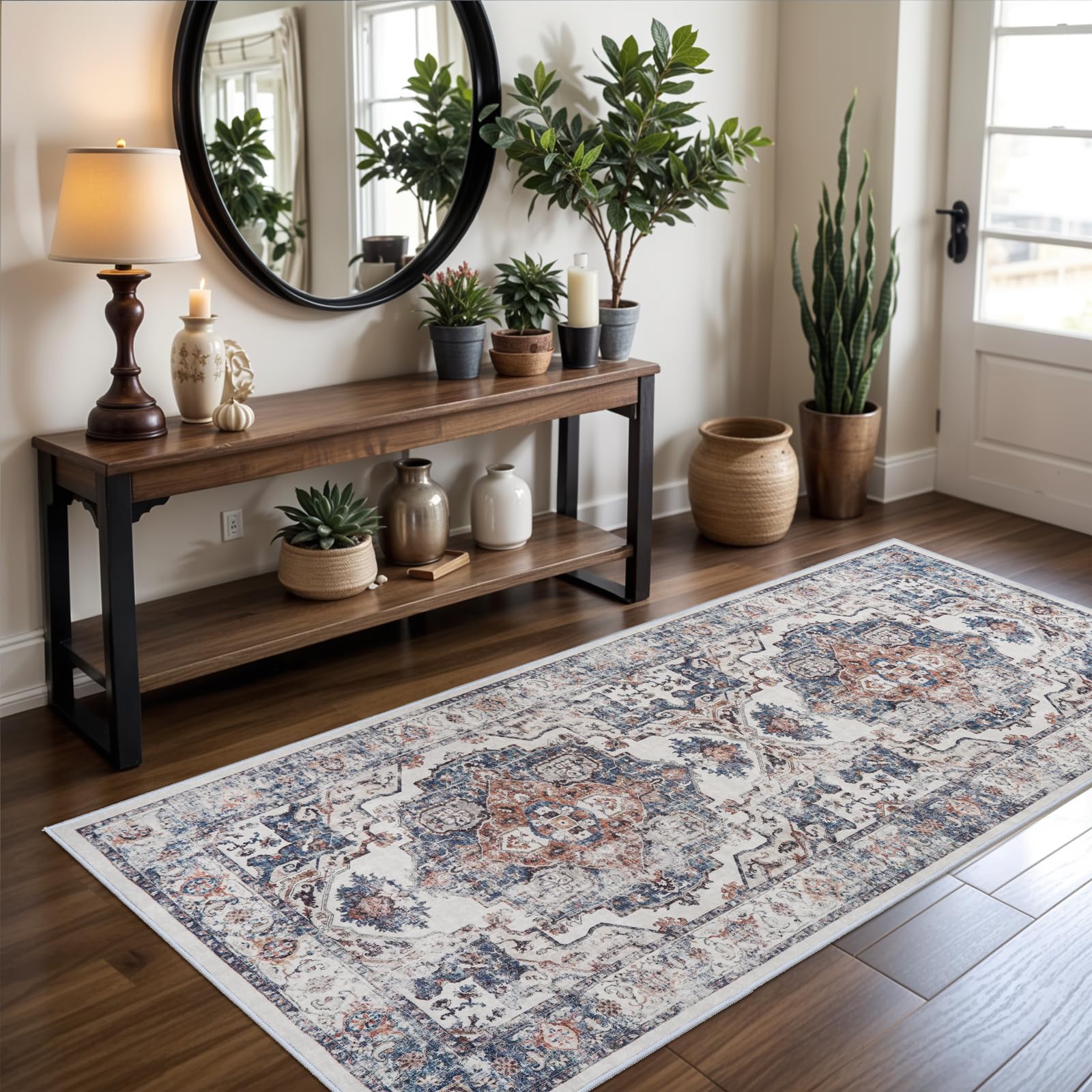 Hallway Washable Runner Rug - 3x6 Kitchen Rugs Entryway Rug Runner Vintage Soft Floor Mat Non Slip Indoor Farmhouse Carpet for Bathroom Living Room Bedroom (3 X 6, Brick)OEKO-TEX STANDARD 100