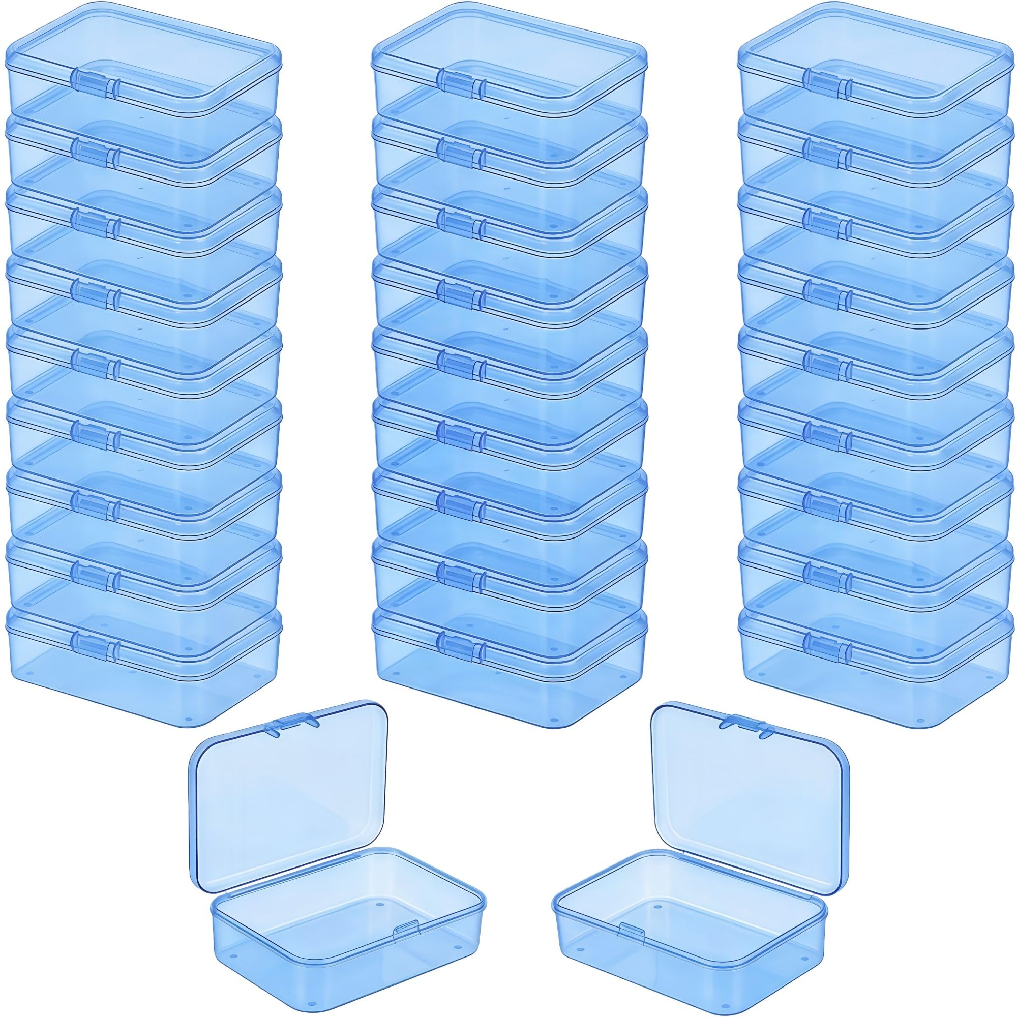LJY 28 Pack Small Plastic Box with Hinged Lid 8.5 x 5.5 x 2.5 cm – Clear Rectangular Small Storage Boxes for Diamond Art Accessories, Beads, DIY Craft Storage and Hardware Organiser (Blue)