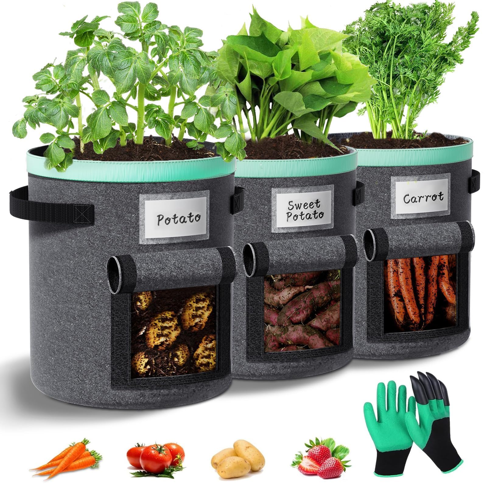 Sac Plantation Pomme de terre 38 litres Lot de 3 : Sacs de culture avec poignées et fenêtre sac de plantation de pommes de terre sac de culture potager de pommes de terre pour légumes, fleurs et fruit
