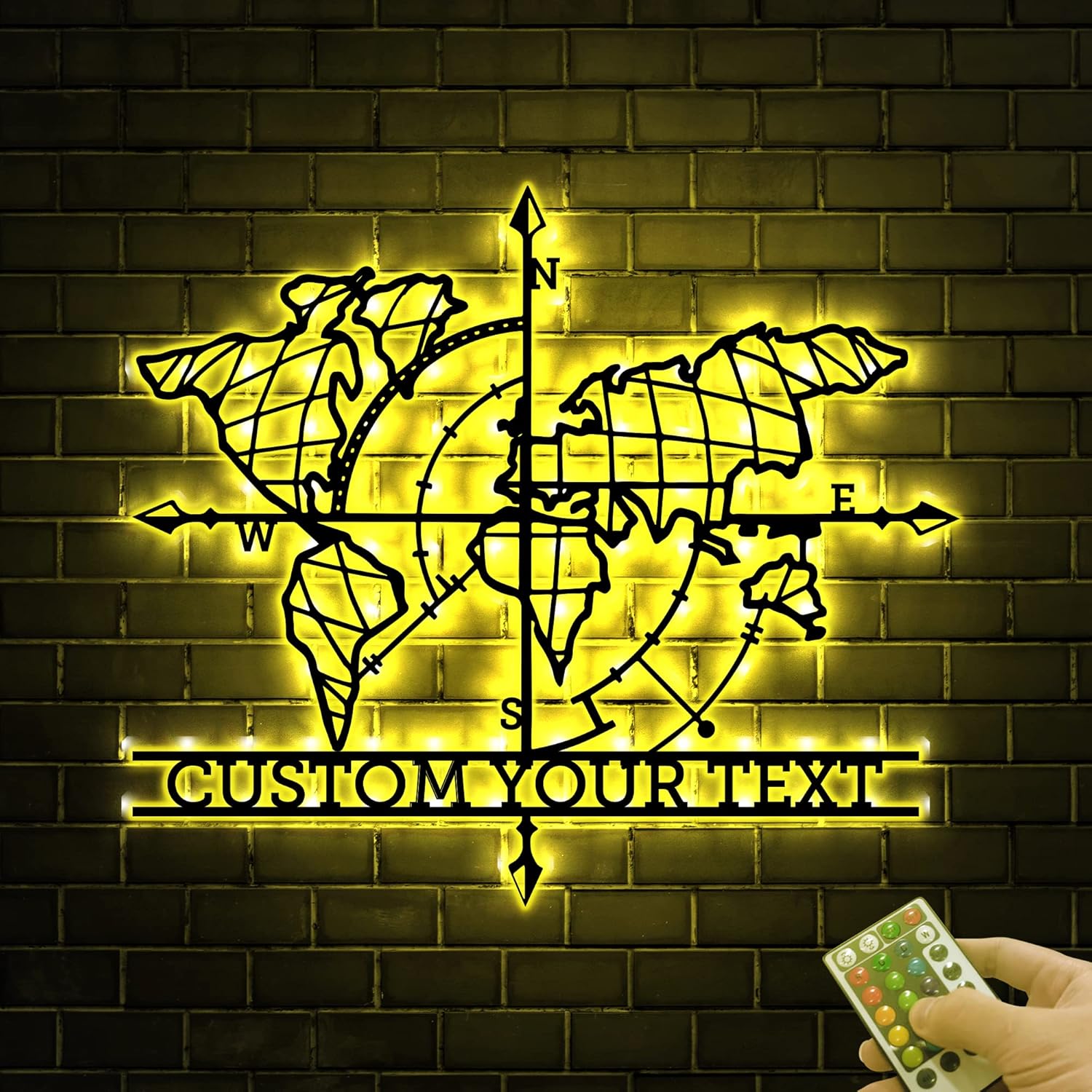 Personalized World Map Compass Metal Wall with Led Light