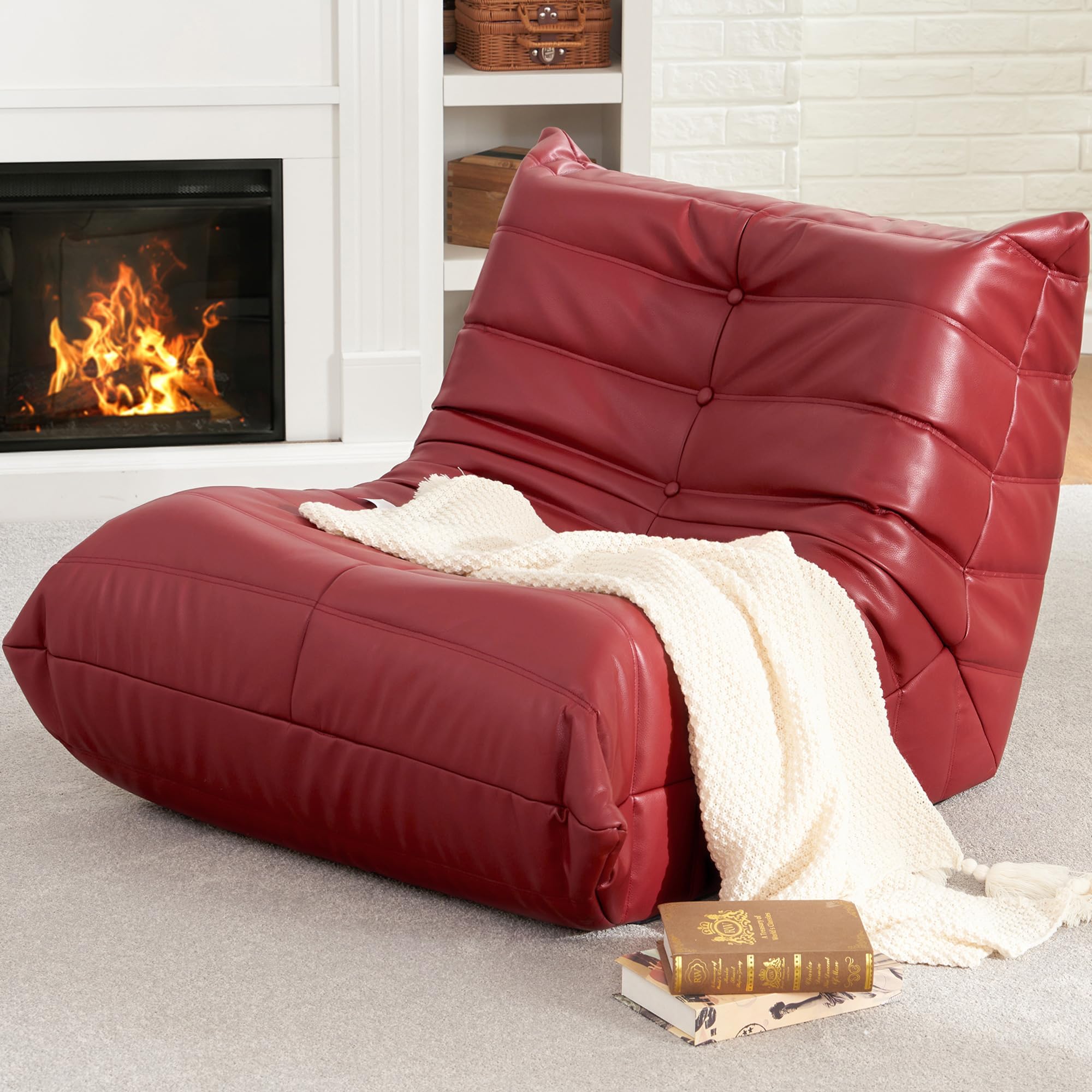 Memory Foam Bean Bag Chair - Faux Leather Sofa Couch for Adults Living Room Bedroom Dorm Office in Wine Red