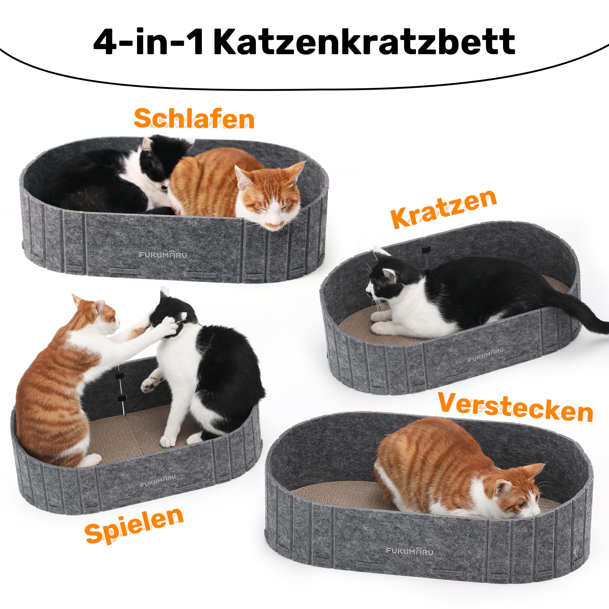 FUKUMARU Kratzbrett für Katzen, 61 cm Kratzpappe in Sofa-Form, Umkehrbares Katzenbett, Runde Kratzpads aus hochwertiger Filz und Karton, Dunkelgrau.