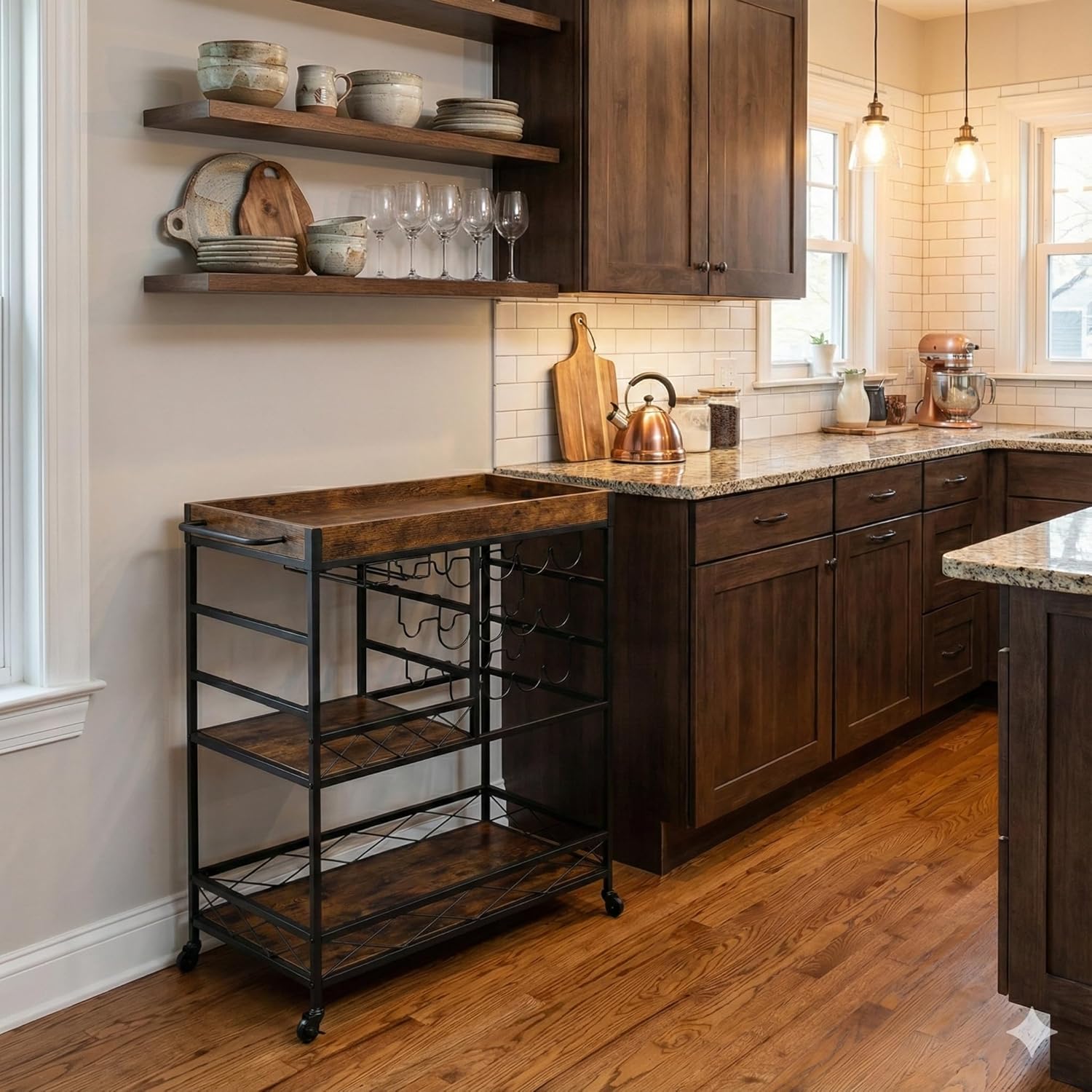 Elmonte Wine & Bar Cart with Wheels – 3-Tier Rolling Cart with 12-Bottle Rack & Glass Holder, Stable Industrial Metal & Wood Serving Cart for Kitchen, Coffee Station & Small Spaces