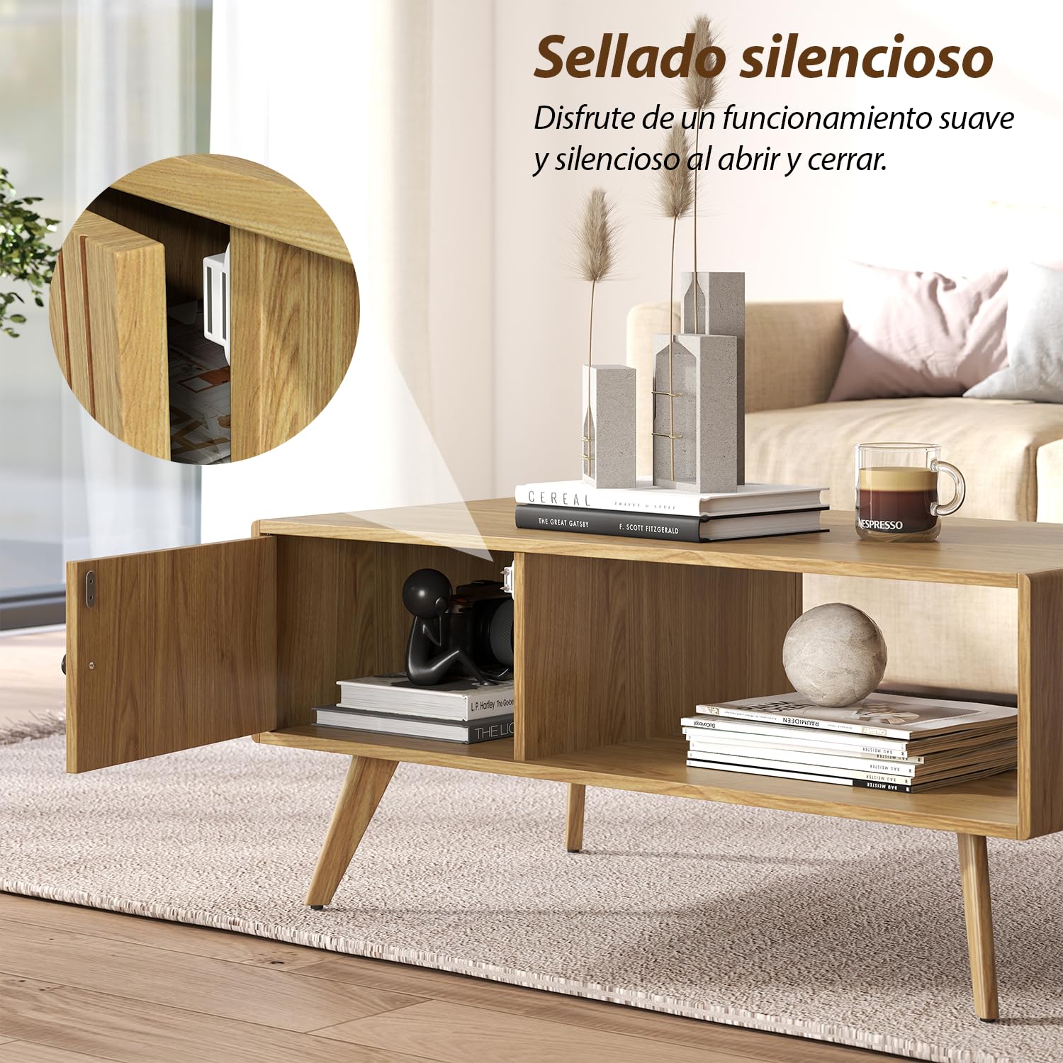 Manora Mesa de Centro con Almacenamiento, Mesa de Salón Rectangular, Patas de Madera Maciza, Mesa Auxiliar Moderna para Salón, Balcón, Oficina, 105 x 45 x 55cm, Roble