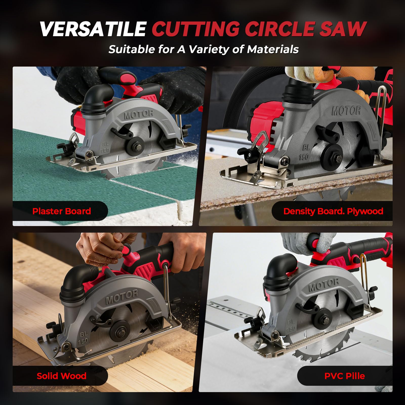Sega circolare senza fili da 15 cm, compatibile con Milwaukee M18, 6200 giri/min con 2 lame 150 mm, profondità di taglio 50 mm, smussatura 0-45° per taglio di legno, plastica, piastrelle (rosso per