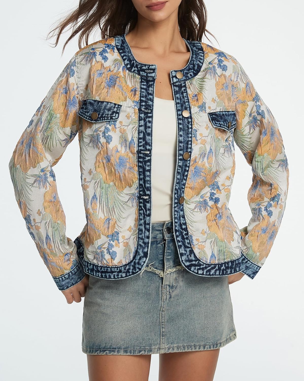 Kedera Women's Floral Denim Jacket Long Sleeve Jacquard Cropped Casual Denim Fall Jackets Coats - Image 6