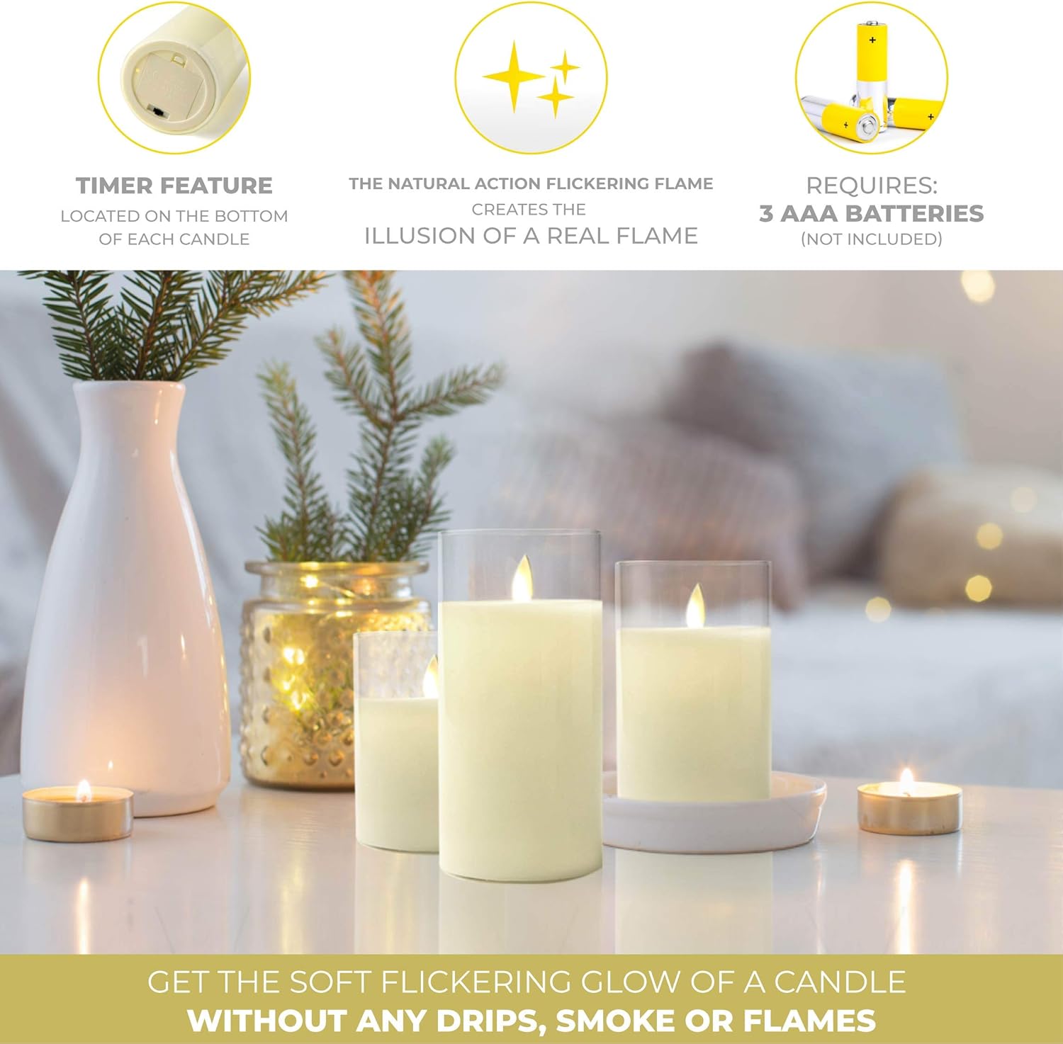 LumaBase Battery Operated Glass Hurricane LED Candles with Flickering Flame - Set of 3