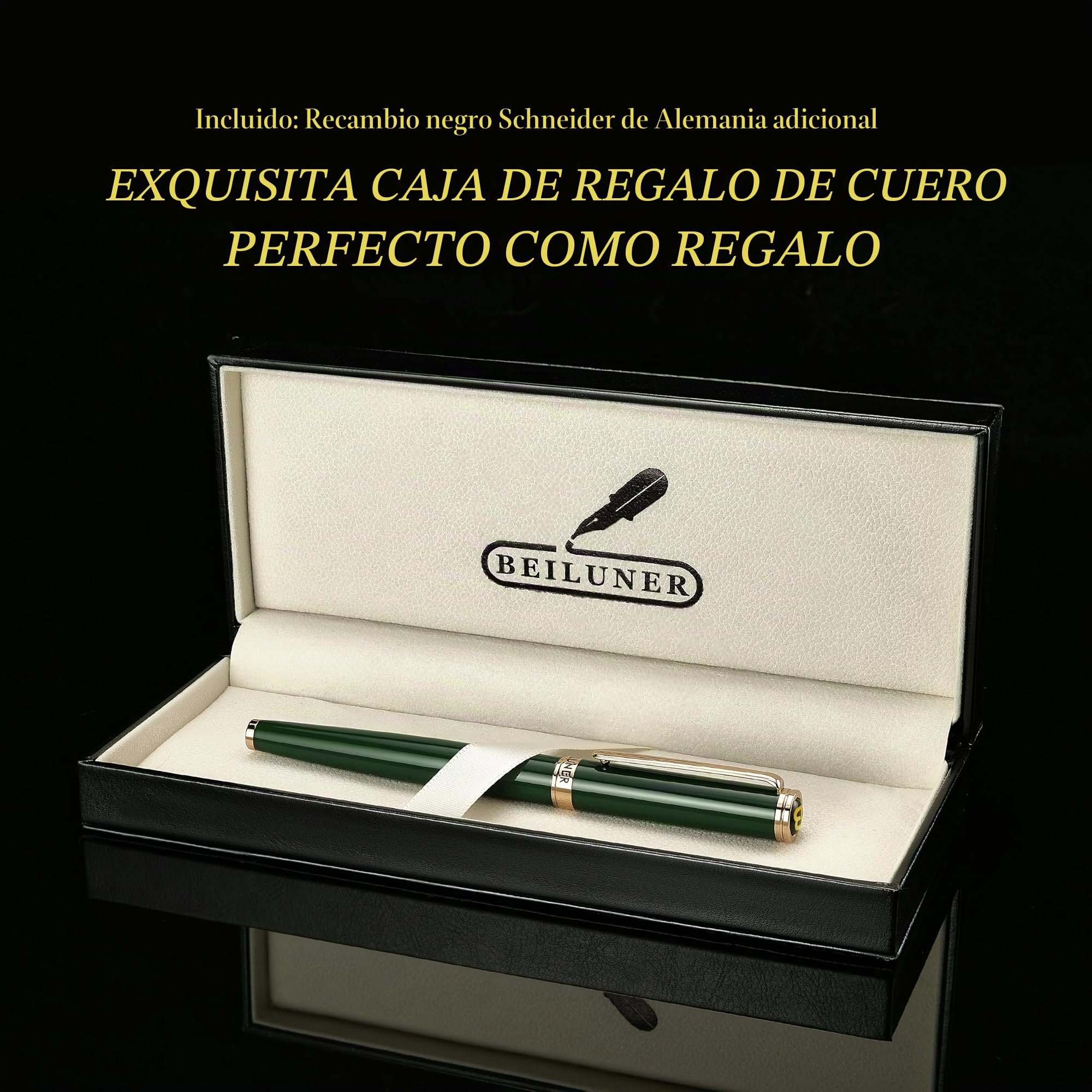 BEILUNER Bolígrafo Roller de Lujo, Detalles Dorados 24K, Diseños Nobles y Elegantes, Recambio Schneider, Mejor Set de Regalo para Hombre y Mujer, Profesional, Oficina Ejecutiva - Verde y Oro